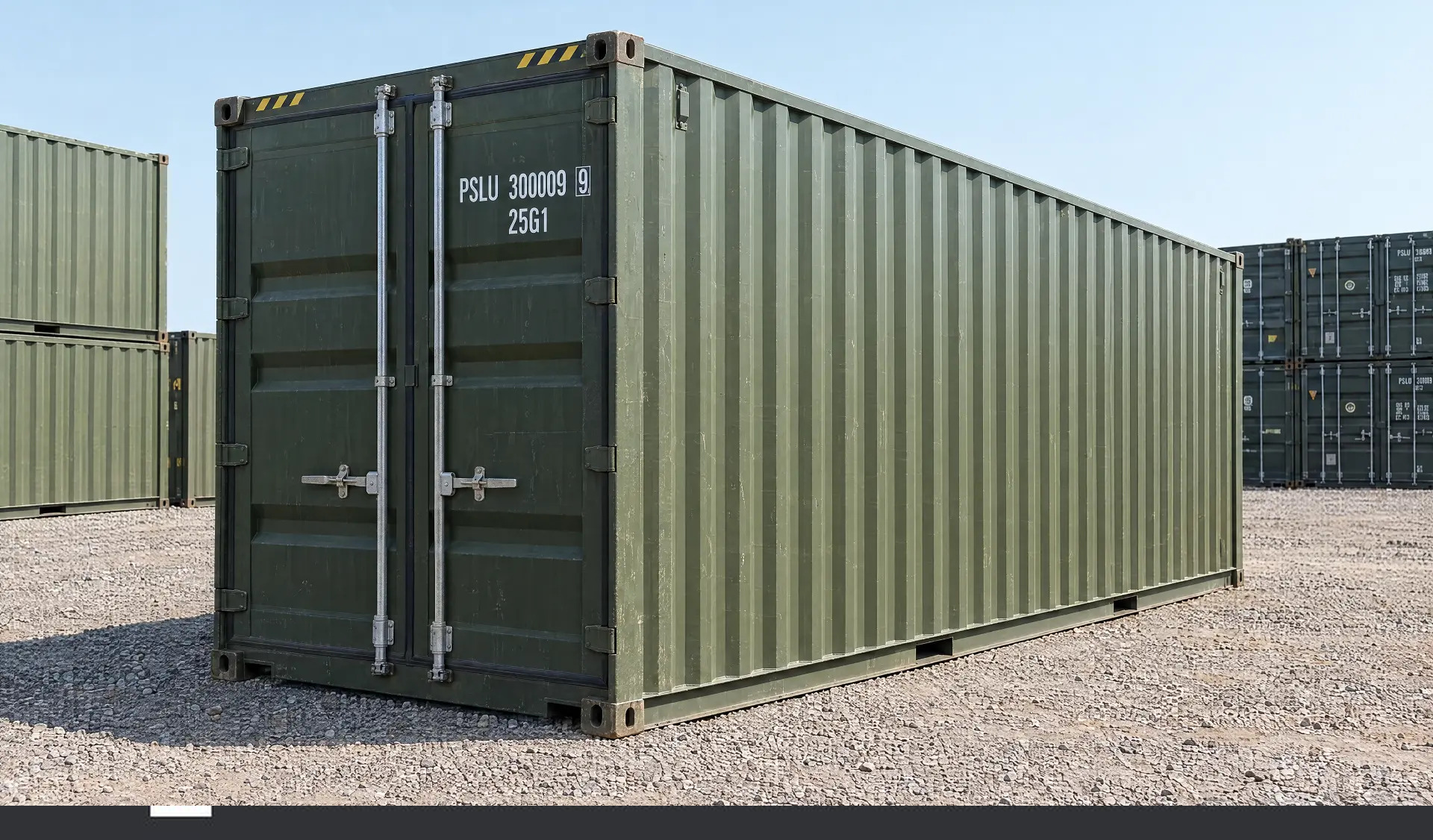 Olive green 20ft high cube one trip shipping container three quarter front angle showing doors and corrugated side wall