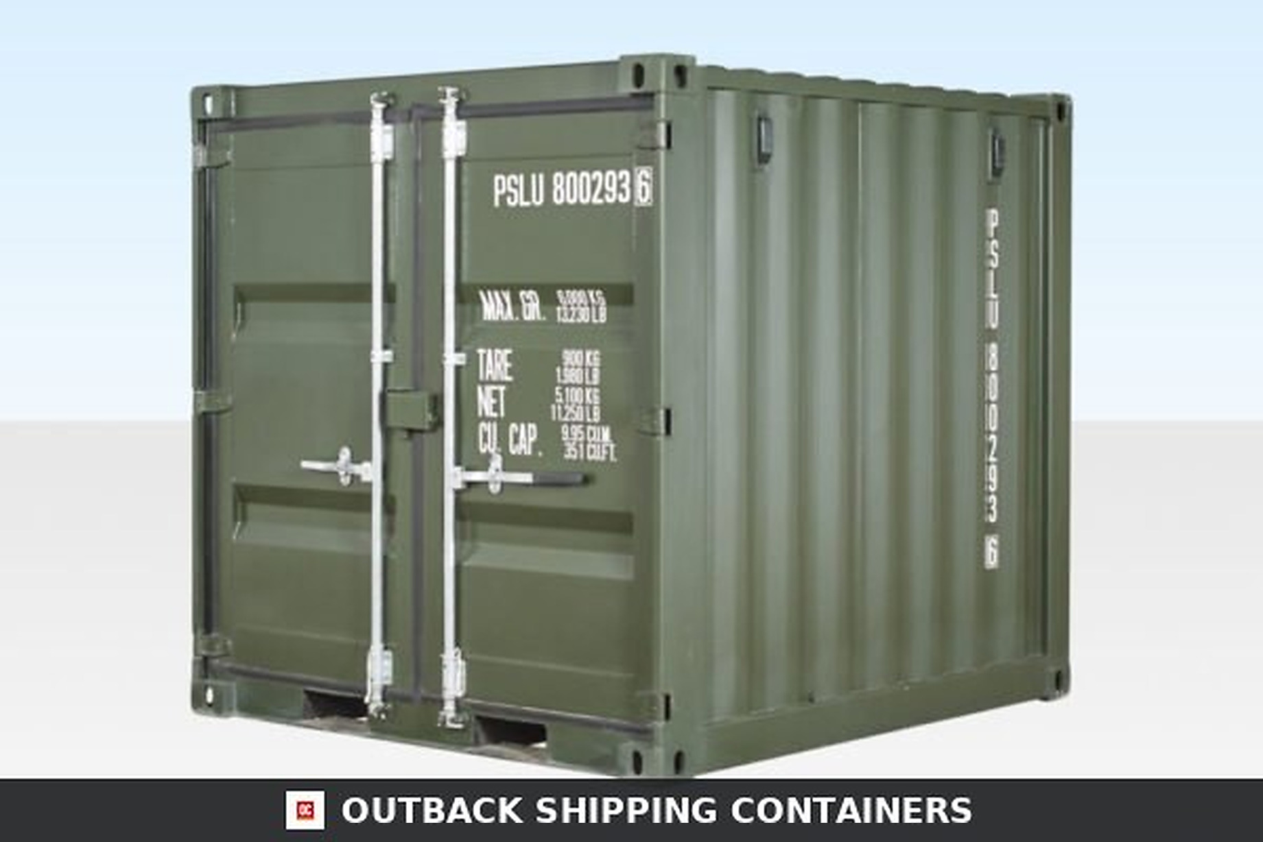 8ft one trip shipping container in olive green showing lockbox and steel double doors