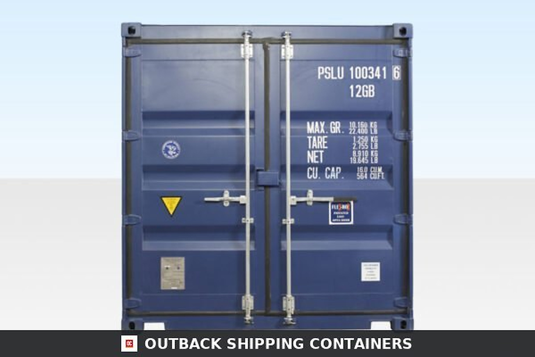 10Ft X 8Ft Shipping Container (One trip) Rear view of a new 10ft blue one trip shipping container for storage showing double cargo doors and vertical locking bars