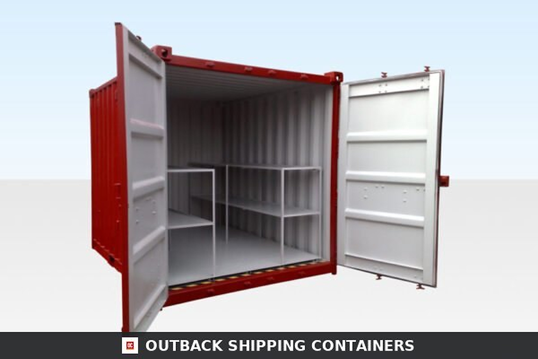 Interior view of a red 10ft storage container with open double doors showing white shelving and a flat bunded floor