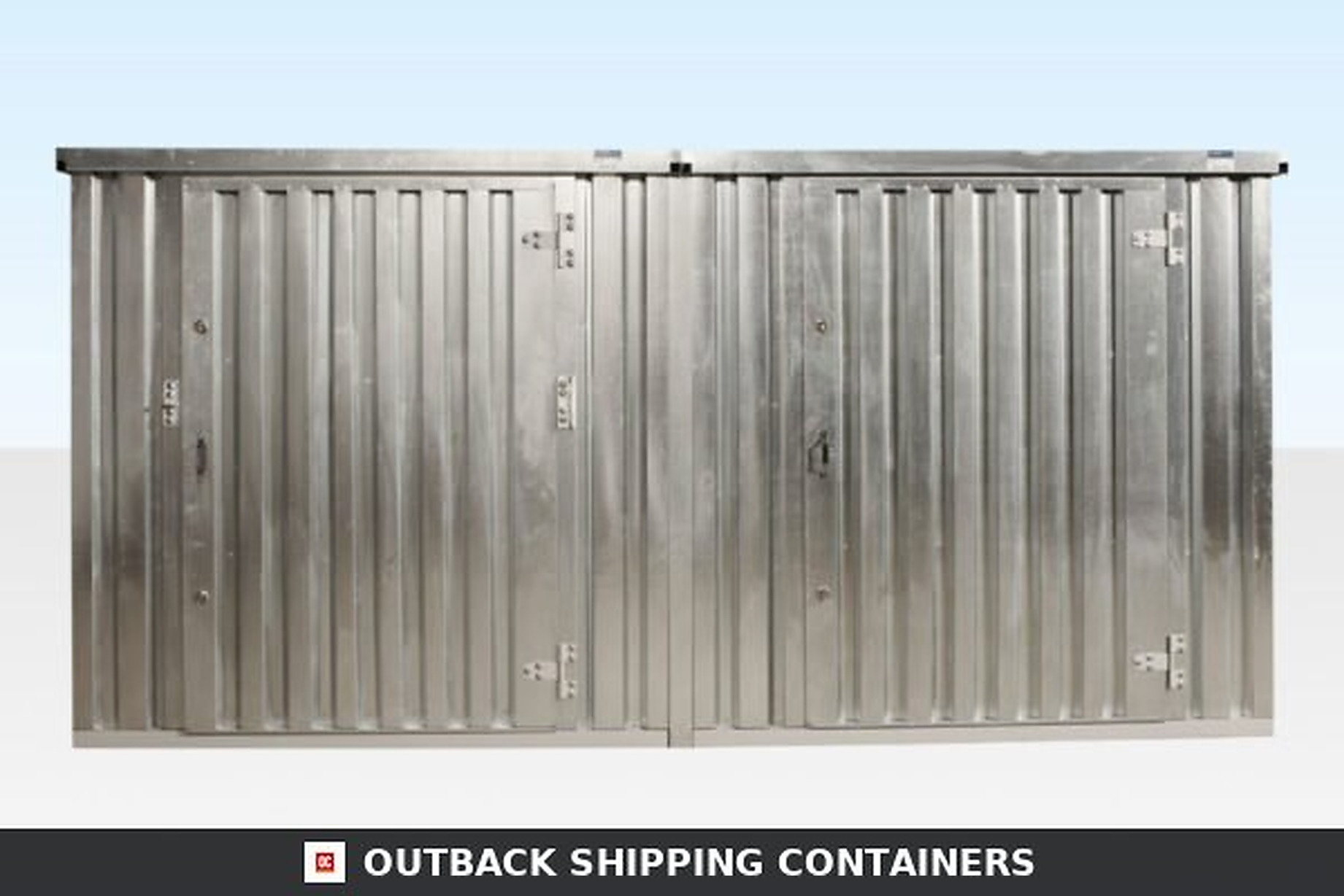 Front view of a 3m x 4.2m side linked flat pack container bundle with galvanized steel corrugated panels and twin doors