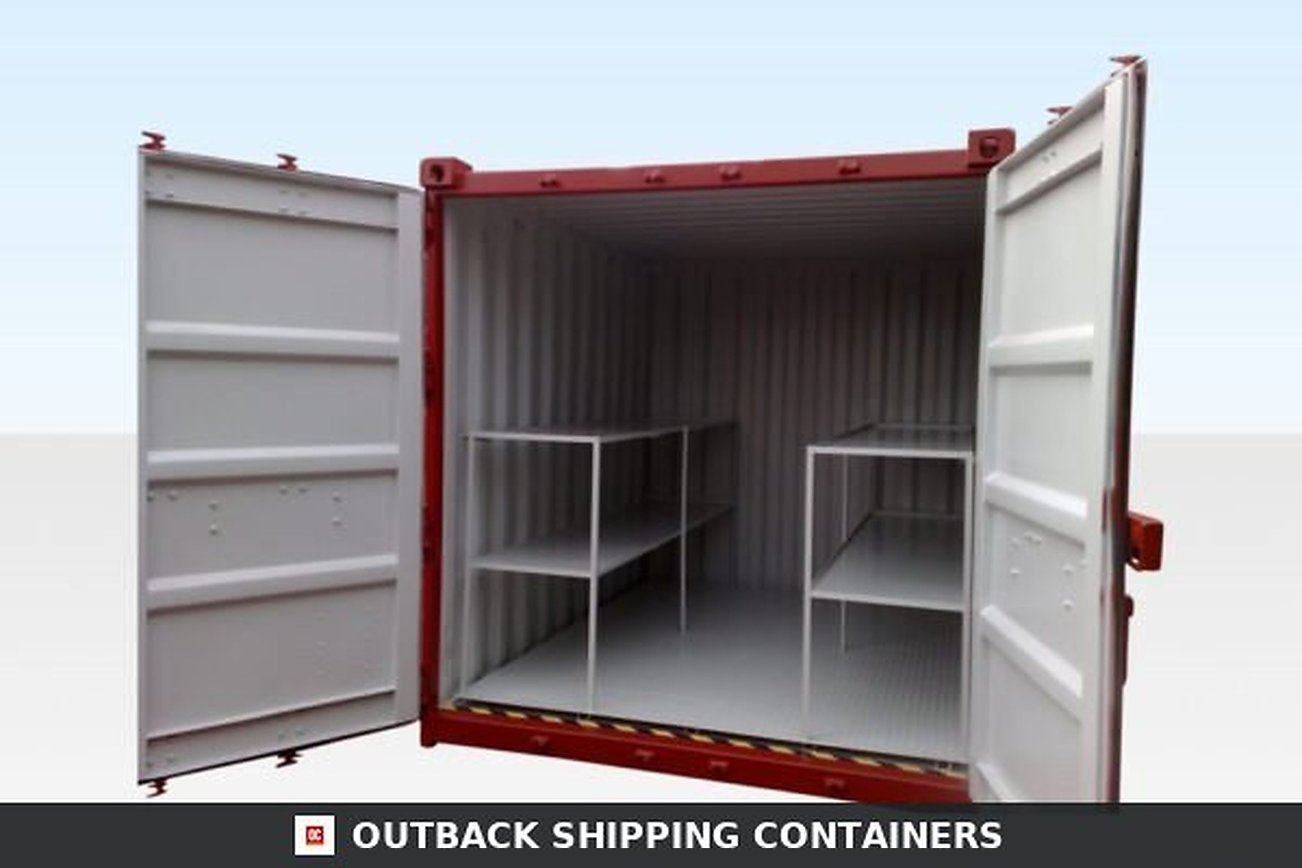 10ft flat floor bunded store with open double doors showing interior metal shelving and a leak-proof floor