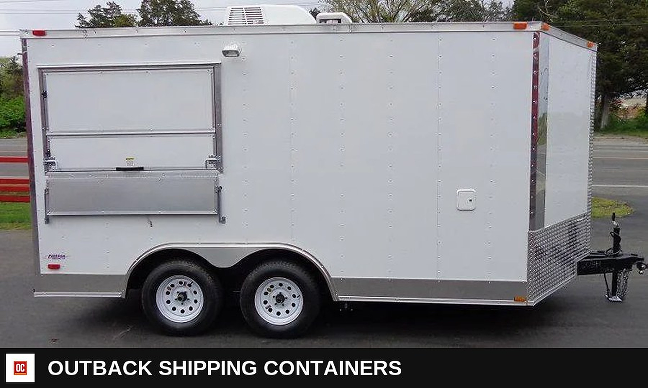 8.5 x 14 White Custom Enclosed Kitchen Concession Trailer — Tongue, Coupler And Hitch | Outback Shipping Containers 8.5 x 14 White Custom Enclosed Kitchen Concession Trailer for sale — tongue, coupler and hitch
