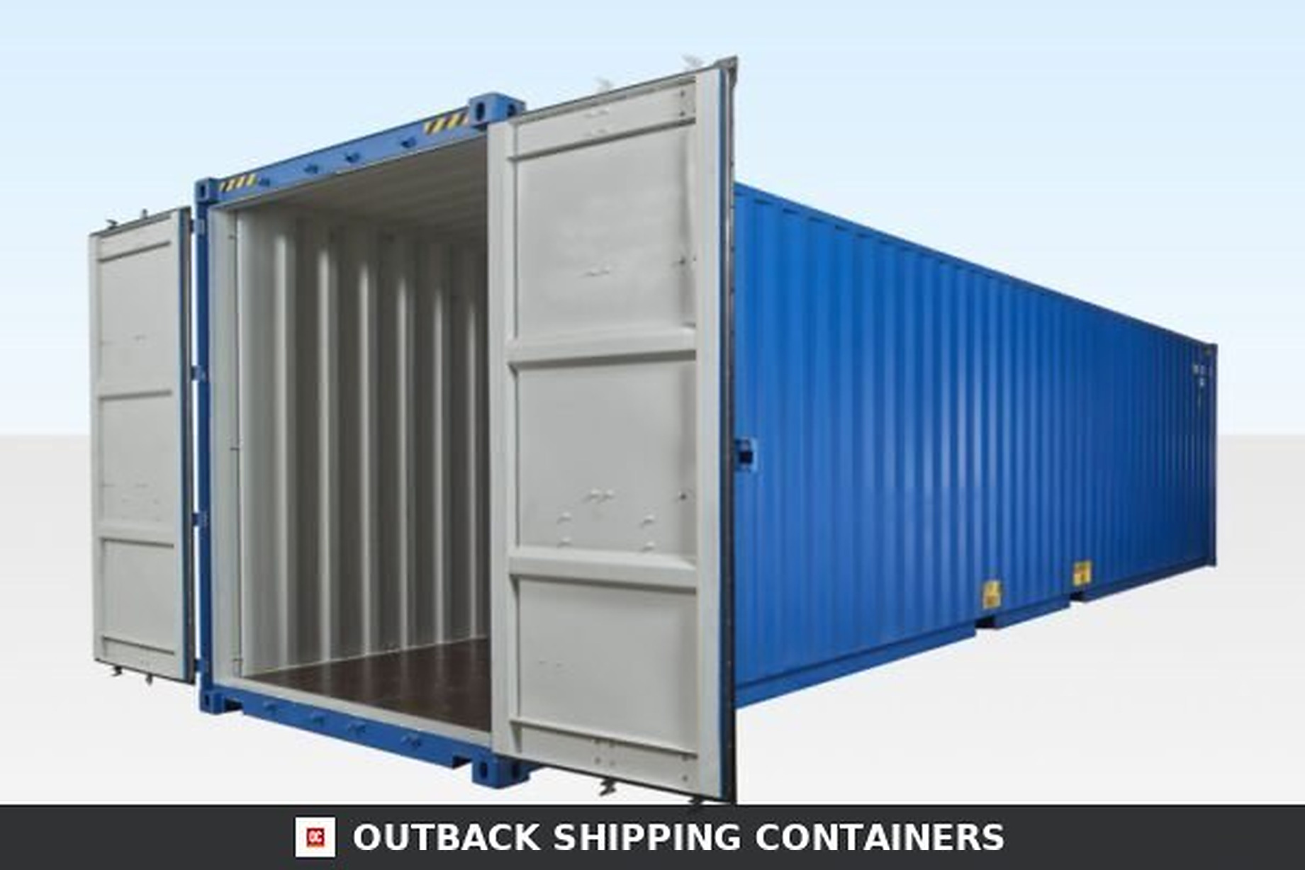 40ft high cube shipping container with cargo doors open showing clean interior flooring and blue exterior walls