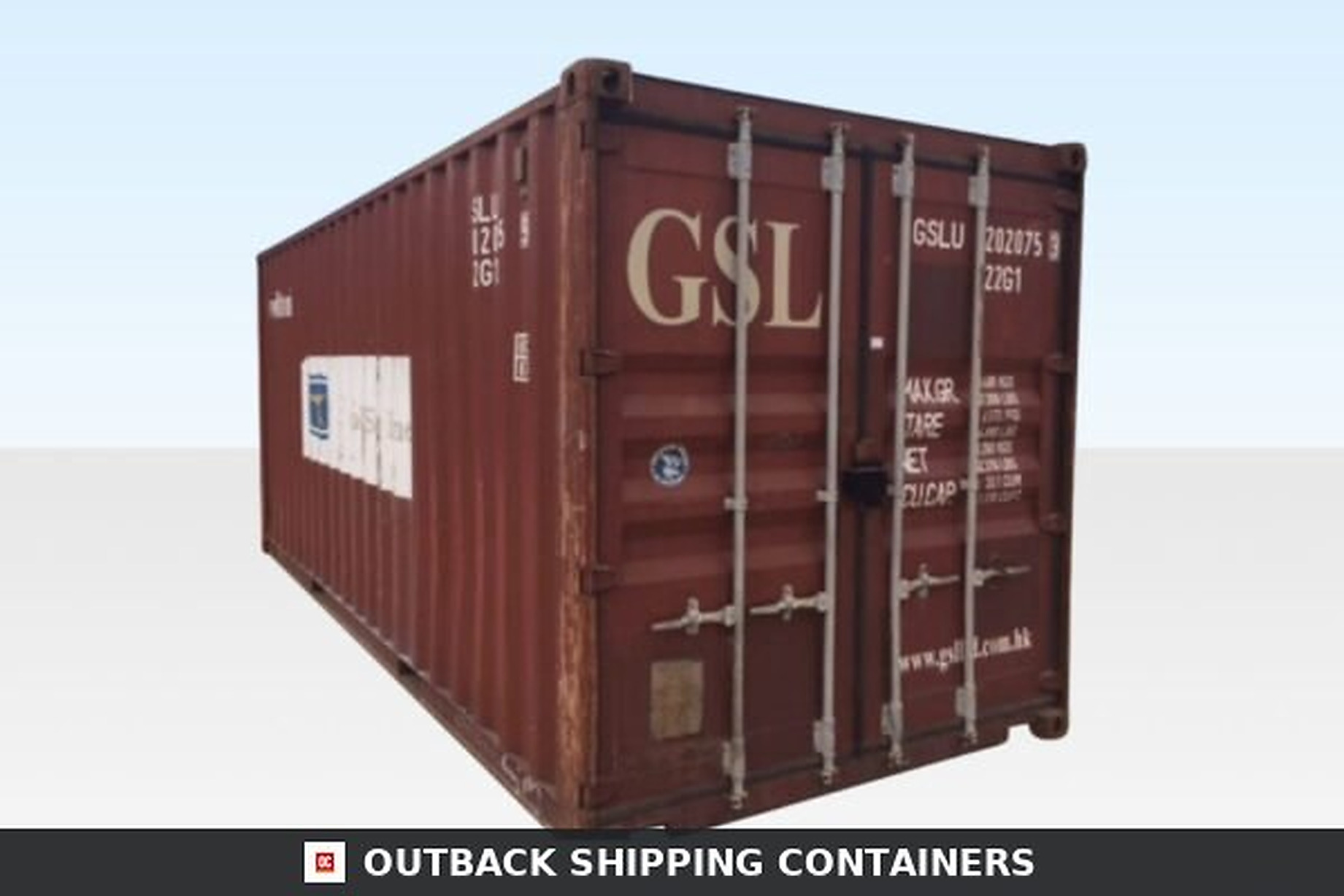 20Ft X 8Ft Used Cargo-Worthy Dry Van — Three-Quarter Angle View | Outback Shipping Containers Refurbished 20ft shipping container with dark red exterior and white cargo markings shown from a corner angle
