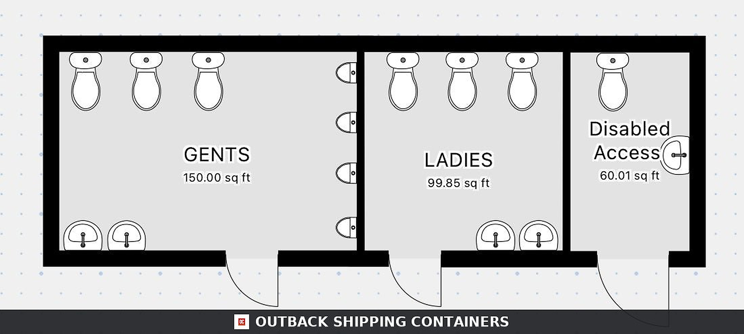 32 x 10 ft CUSTOM for Sale — Three-Quarter Angle View | Outback Shipping Containers 32 x 10 ft CUSTOM — Mens/Ladies + Disabled Access Toilet Block — Portable Welfare — No 1395 — product gallery image 3 of 16