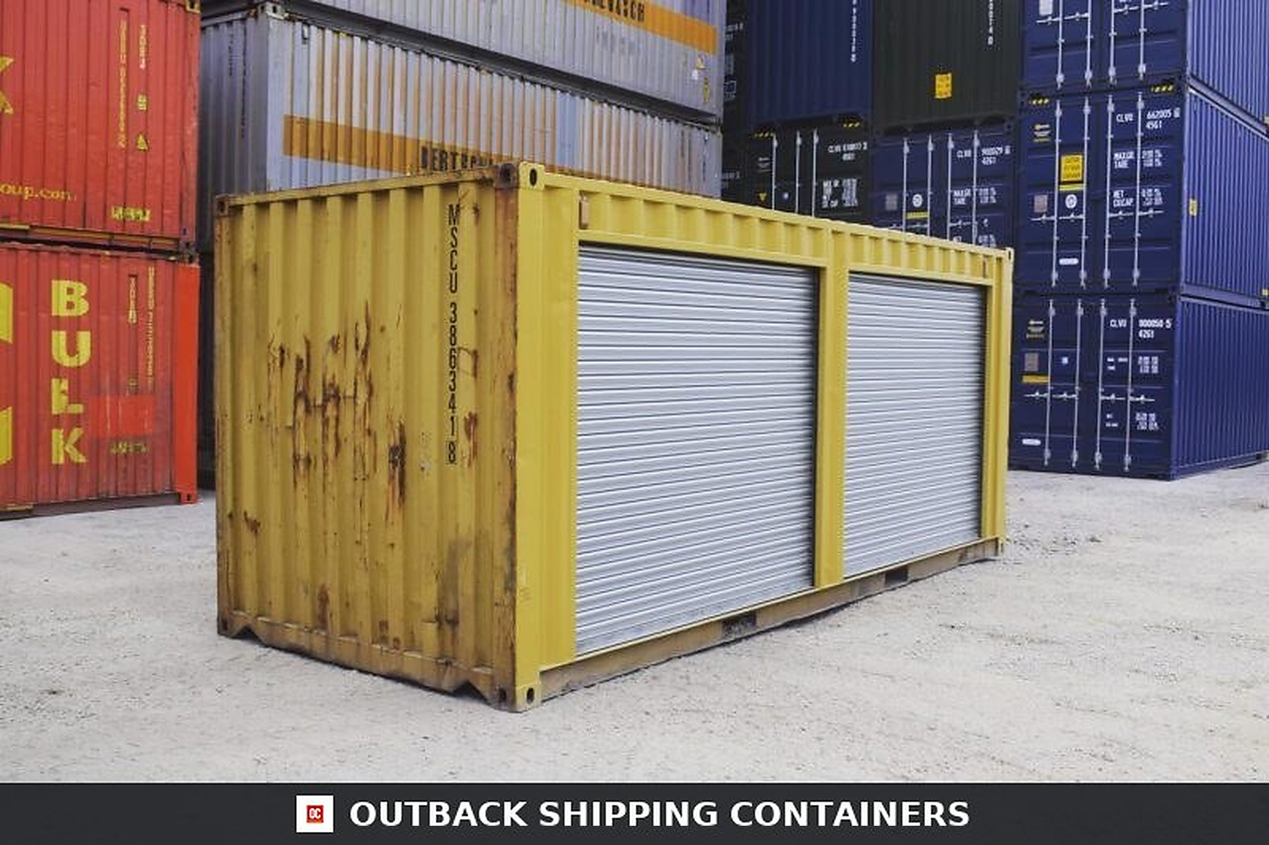 Yellow 20ft Used Container for Sale — Side Profile View | Outback Shipping Containers Yellow 20ft Used Container – Dual Side Roll-Up Doors product photo