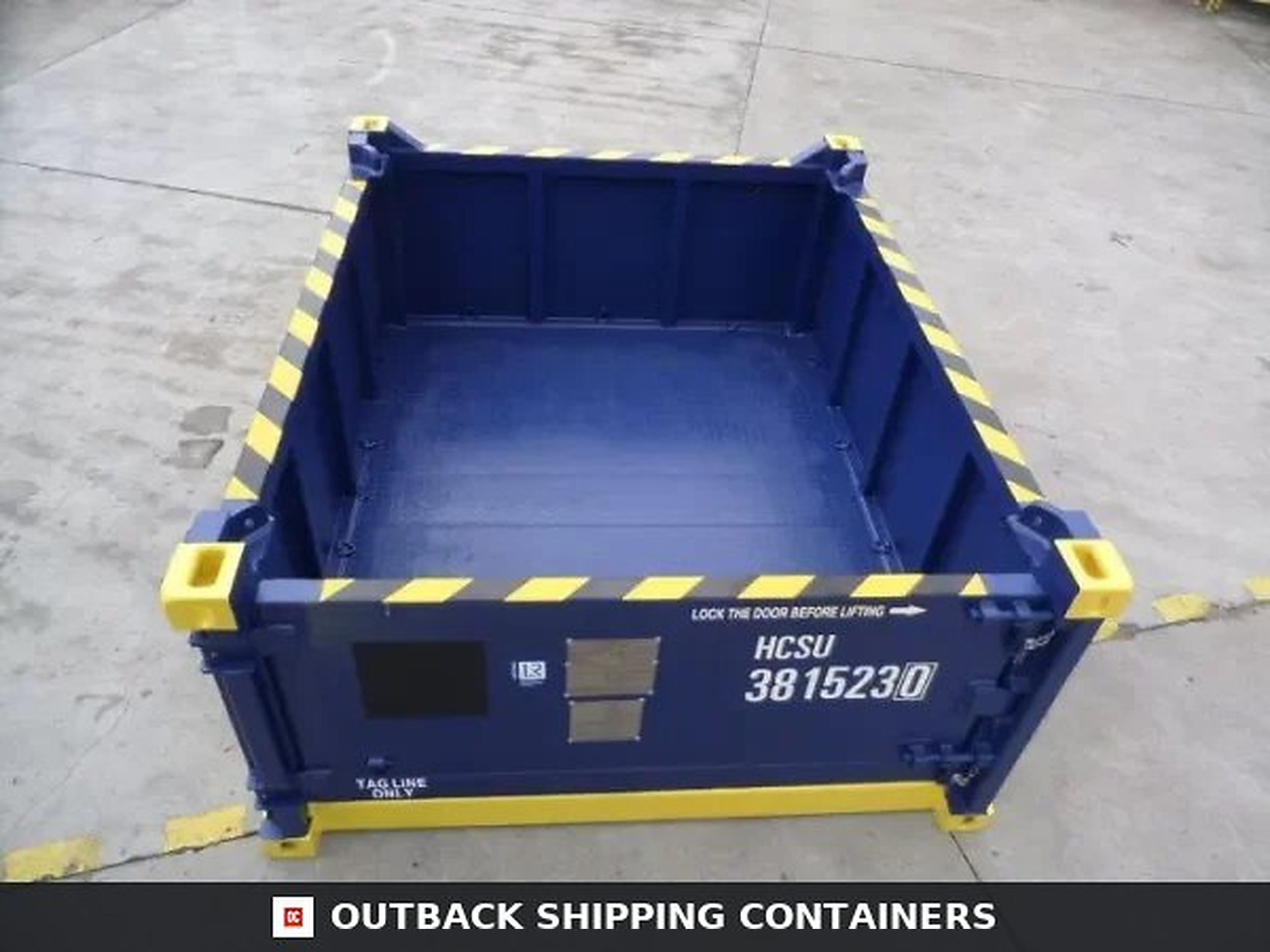10ft DNV 2.7-1 half height open top container in blue with yellow safety markings and top-down view of interior