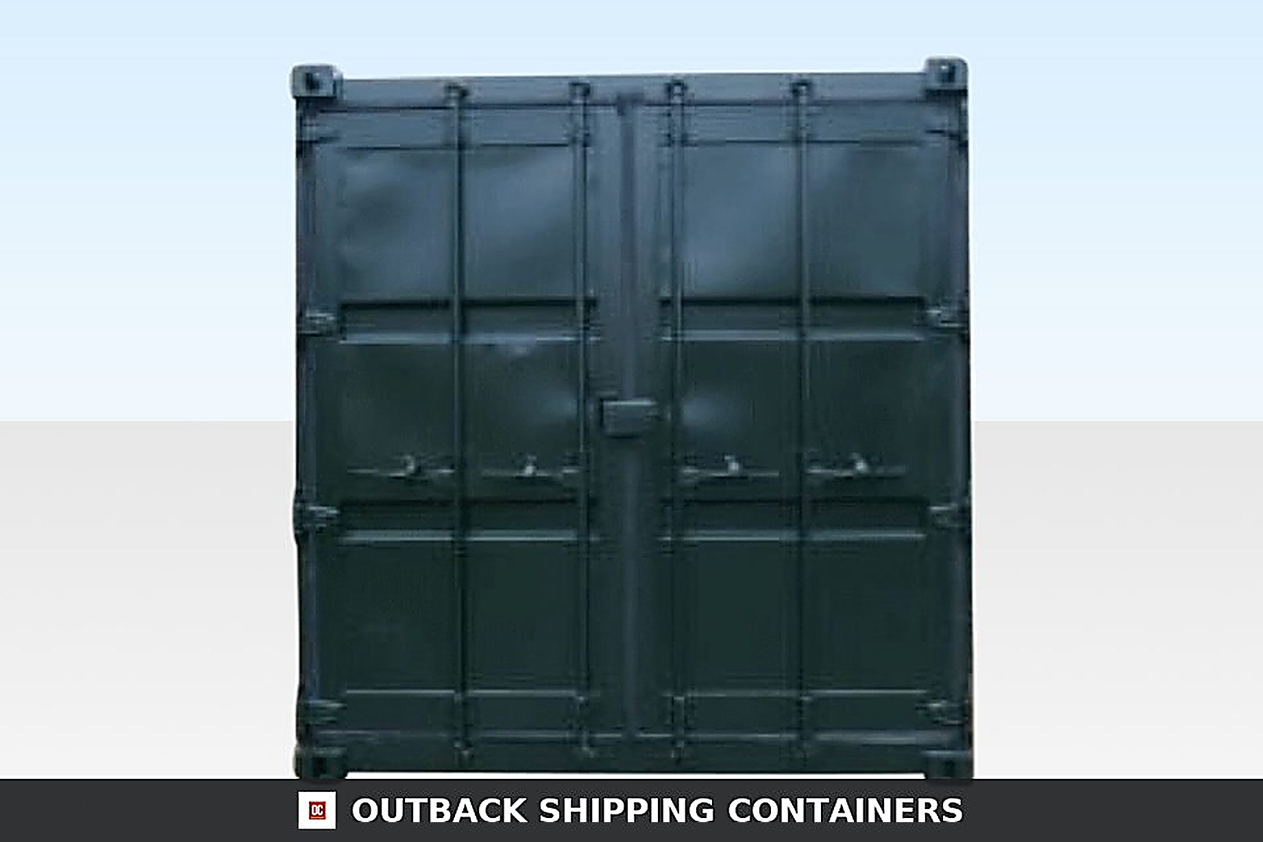 Rear view of a 10ft cut down used container in dark green featuring double cargo doors and vertical locking bars
