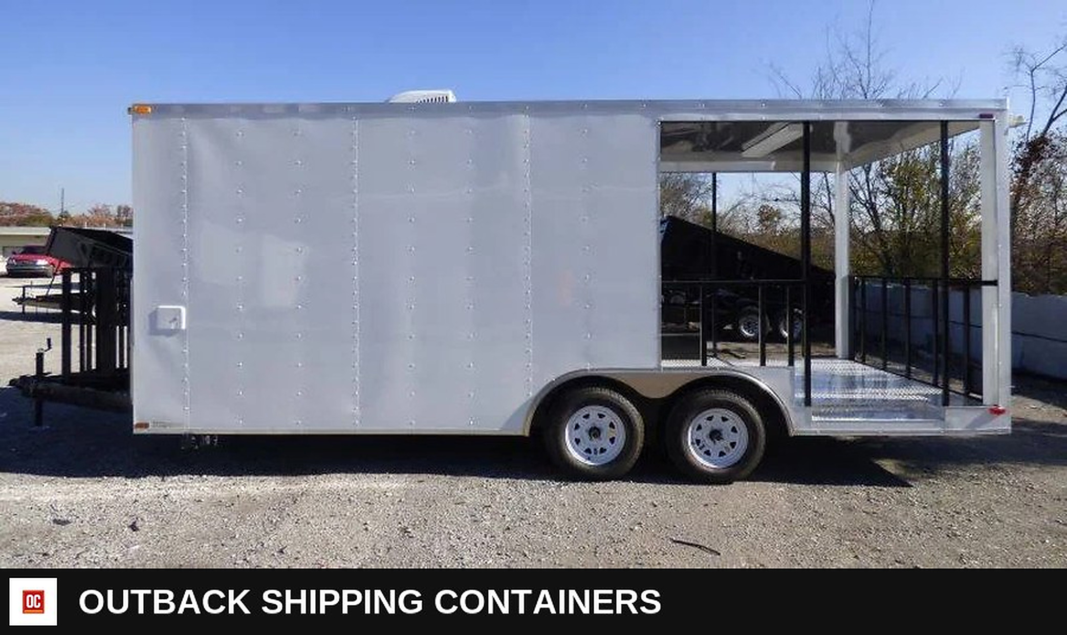 8.5 x 20 White BBQ Smoker Porch Catering Trailer — Driver-Side Profile | Outback Shipping Containers 8.5 x 20 White BBQ Smoker Porch Catering Trailer for sale — driver-side profile