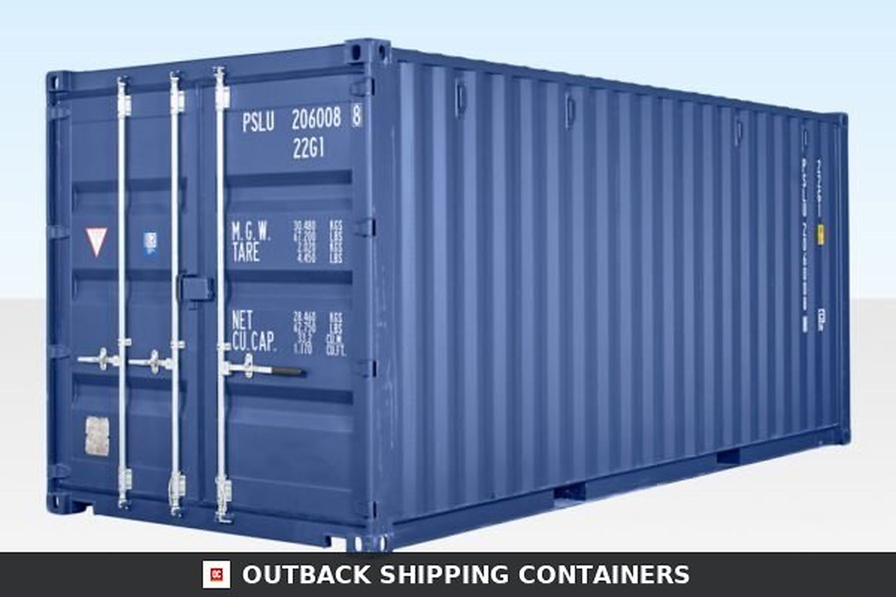 Blue 20ft shipping container unit with double doors and corrugated steel walls against a light blue background