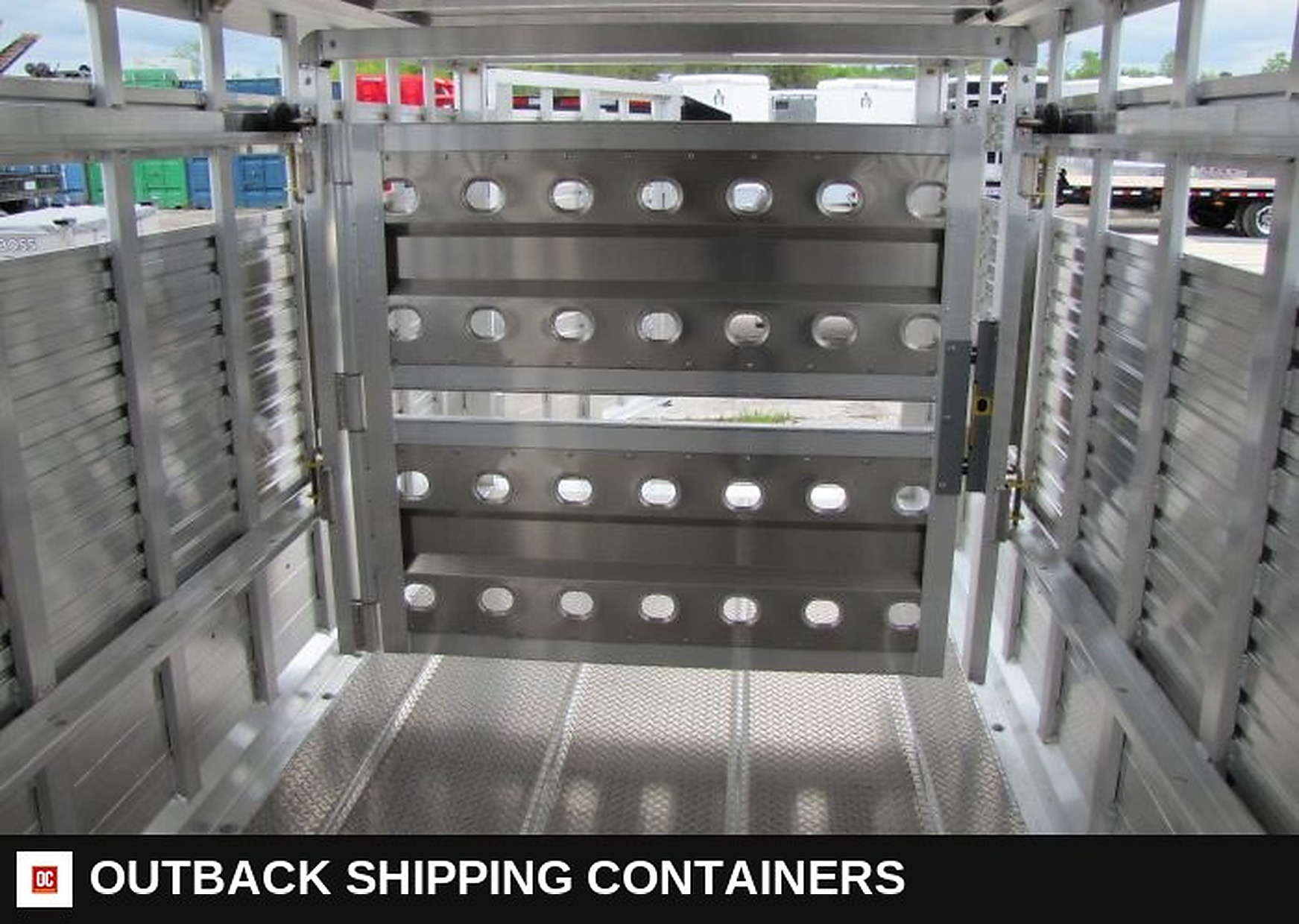 2023 EBY Maverick 20' Aluminum Livestock Trailer — Gate Latch And Hardware Detail | Outback Shipping Containers 2023 EBY Maverick 20' Aluminum Livestock Trailer for sale — gate latch and hardware detail
