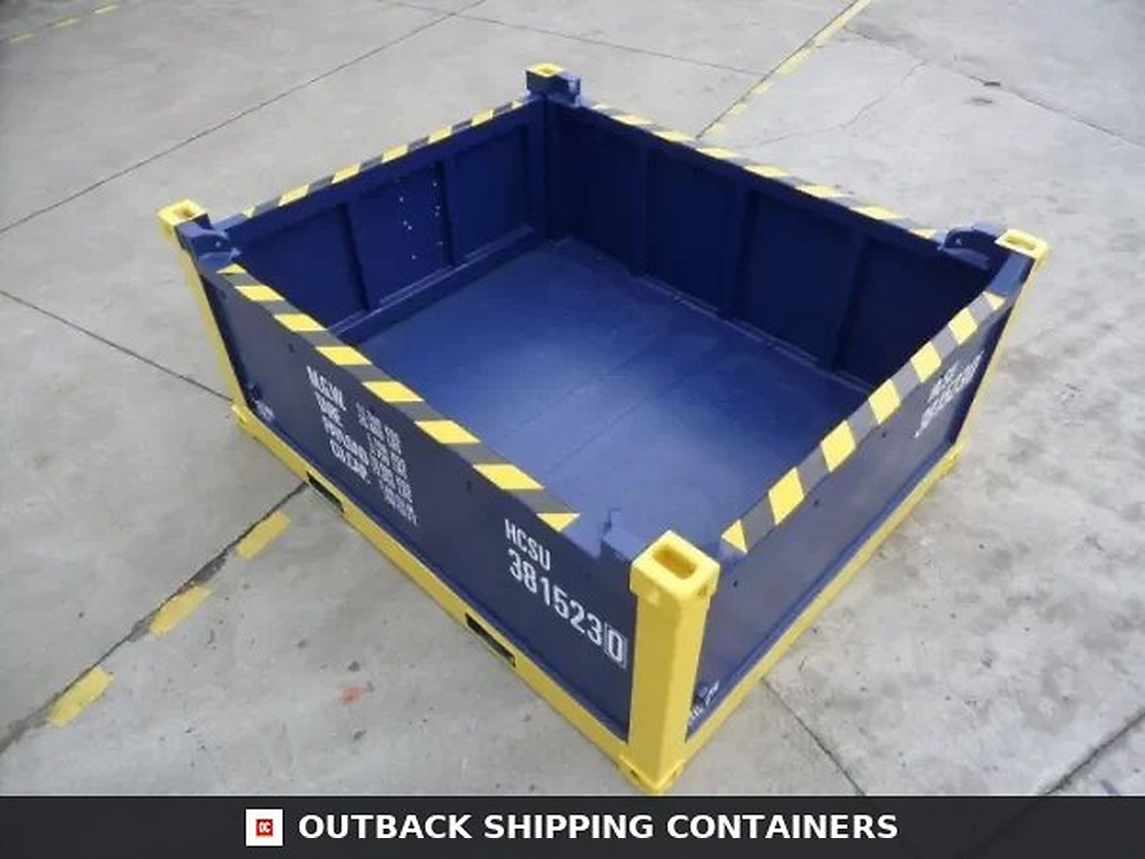10ft DNV half height open top container in navy blue with yellow hazard stripes and heavy duty corner castings