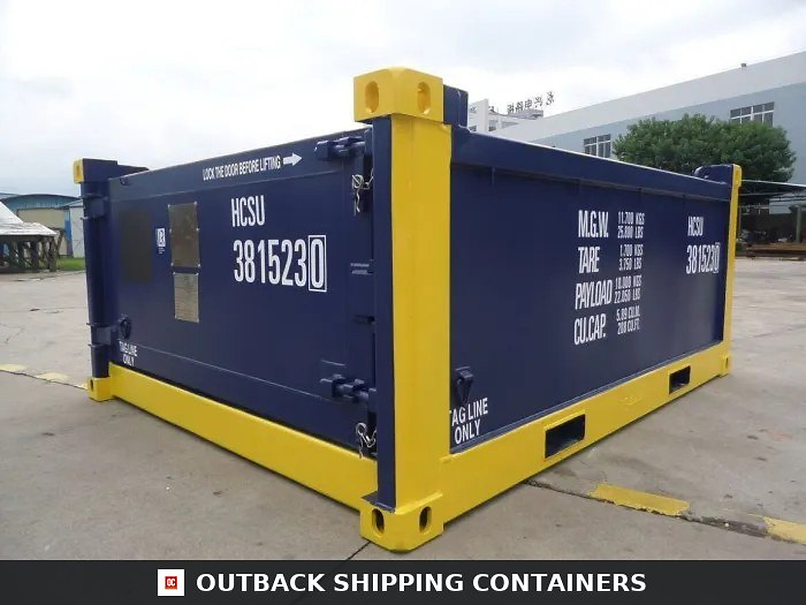 10ft DNV 2.7-1 Half Height Open Top Container in blue with yellow supports and offshore safety labeling