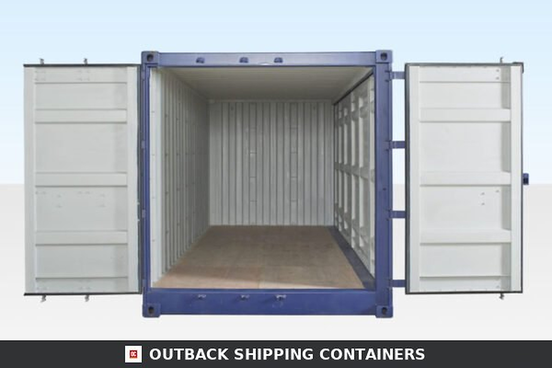 20ft open side shipping container with blue exterior and white interior showing wide bifold doors fully opened