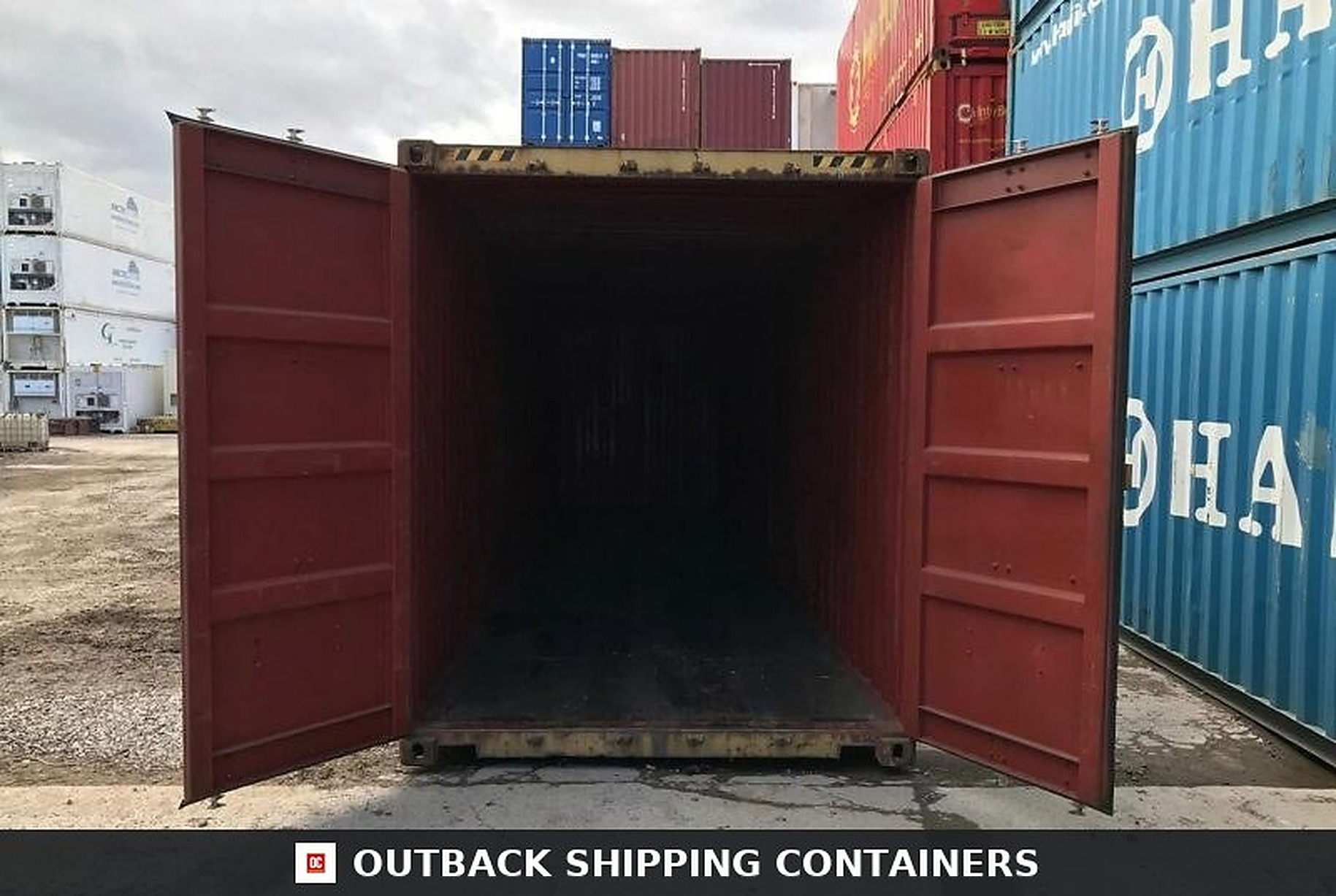 40ft used storage container interior view with doors open showing dark empty industrial cargo floor space
