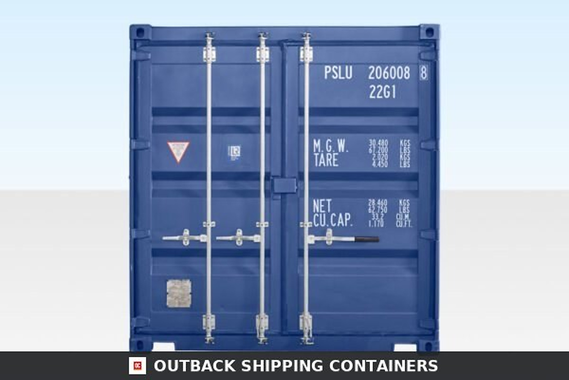 20ft shipping container doors in blue with steel locking rods and white weight capacity markings