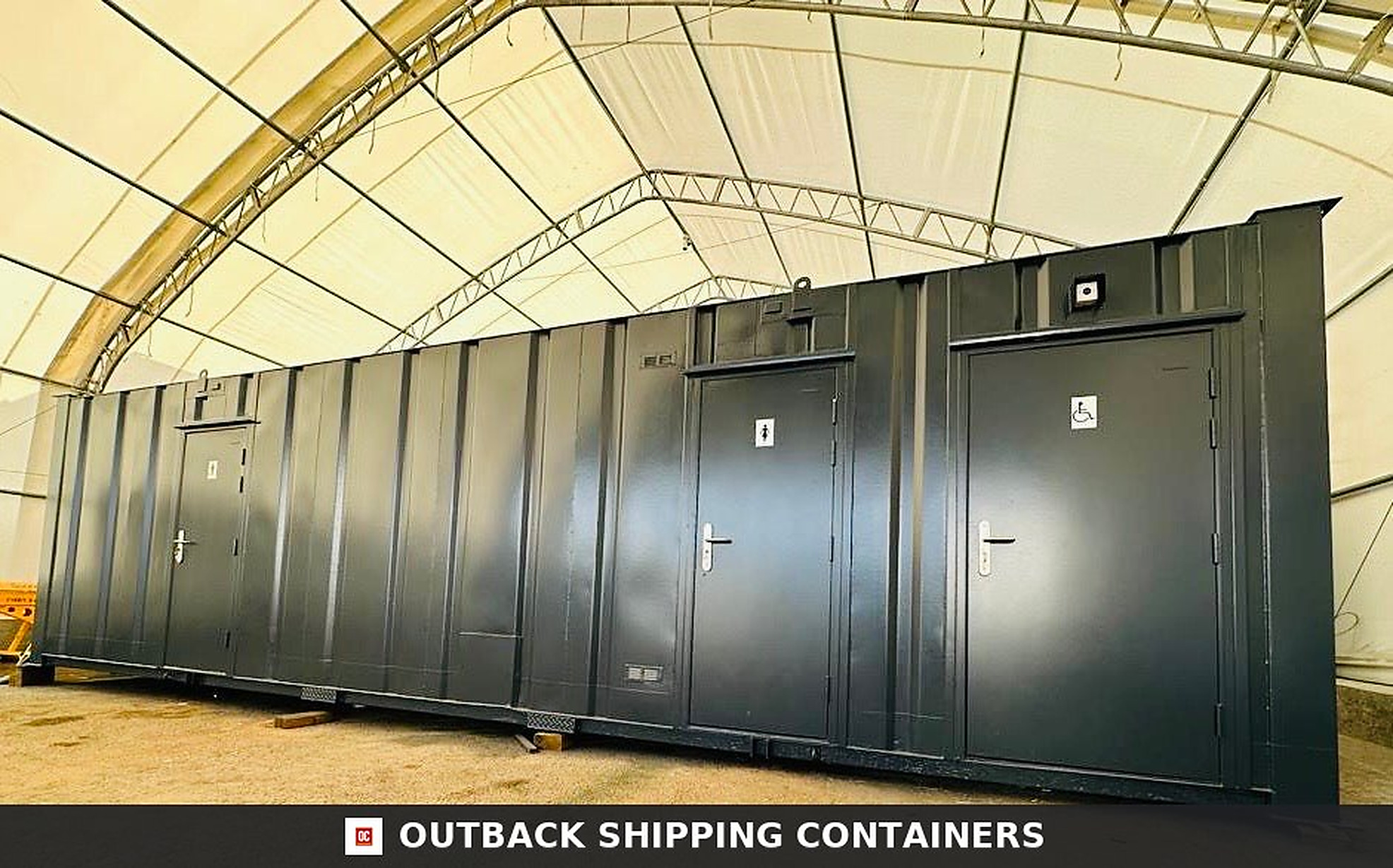 32 x 10 ft CUSTOM for Sale — Rear Exterior View | Outback Shipping Containers 32 x 10 ft CUSTOM — Mens/Ladies + Disabled Access Toilet Block — Portable Welfare — No 1395 — product gallery image 4 of 16