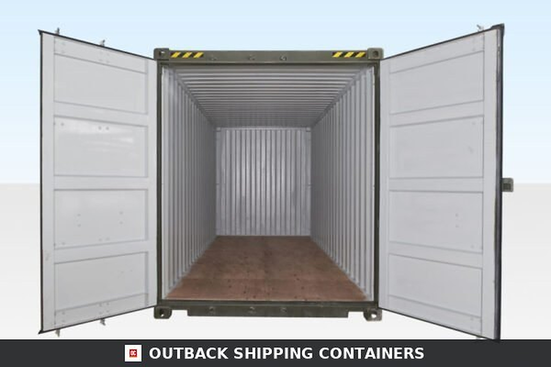 20ft high cube shipping container interior with double doors swung open to reveal marine grade plywood flooring