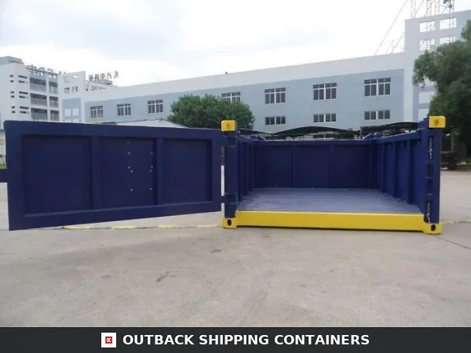 10ft DNV half height open top container with swinging side door open displaying dark blue interior and yellow base