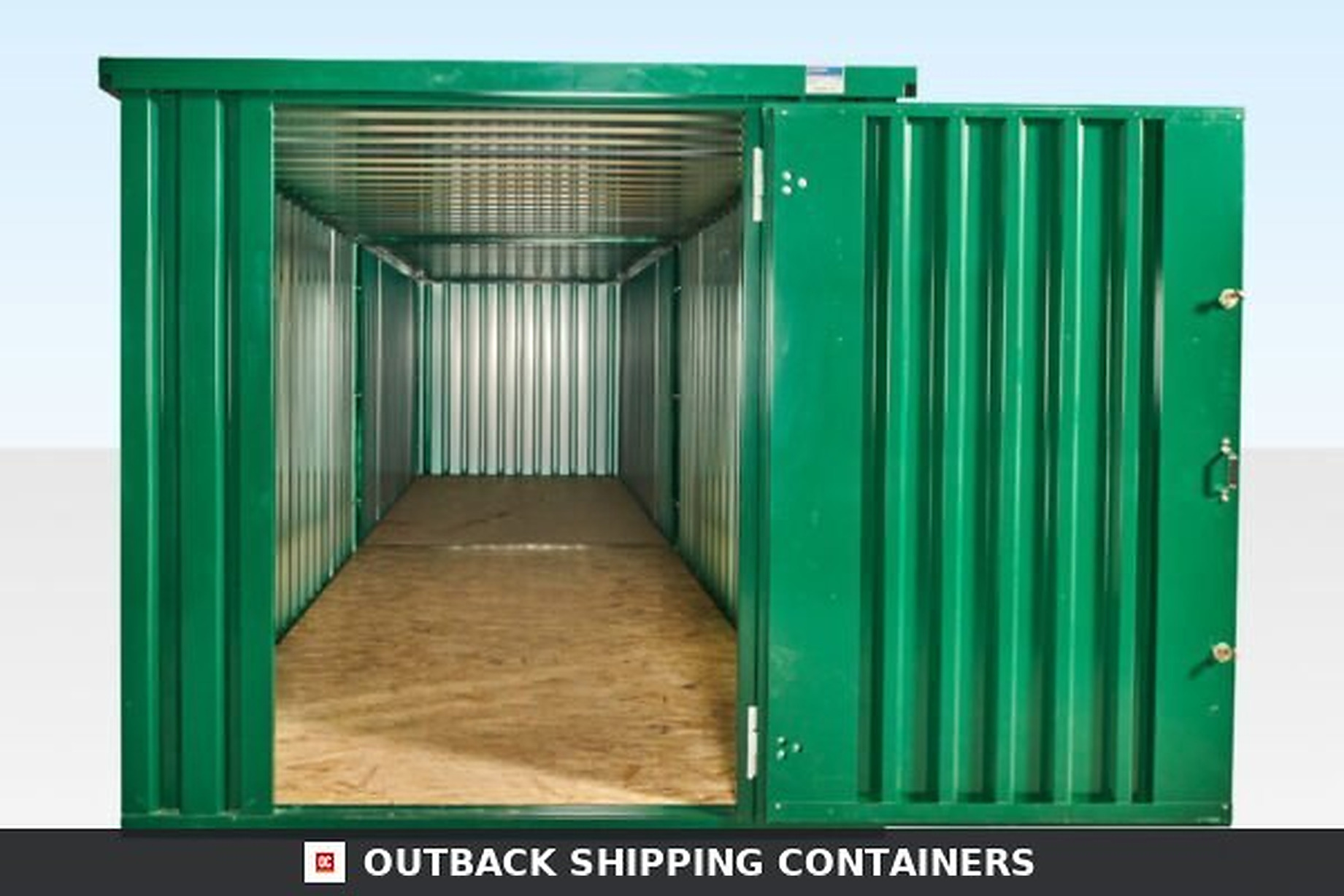 Green 6M end linked flat packed container with open door showing wood floor and corrugated steel interior
