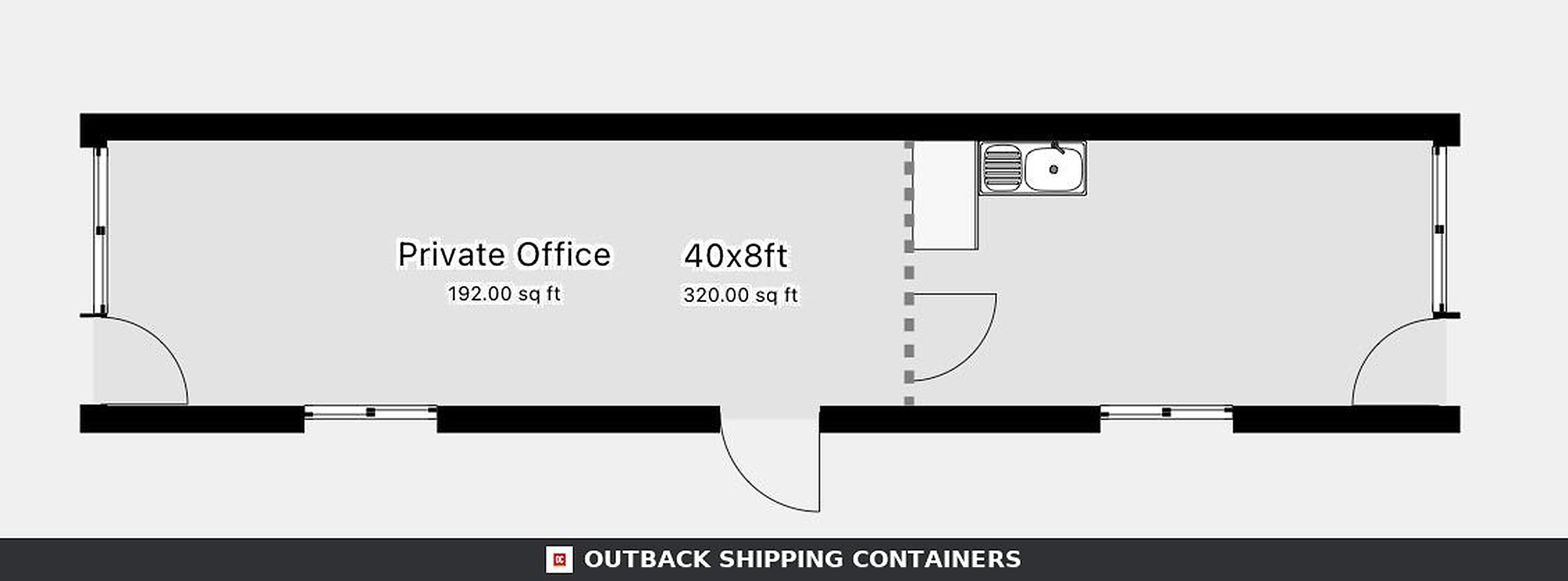 Floor plan diagram for a 40ft container conversion office and canteen with sink and private space