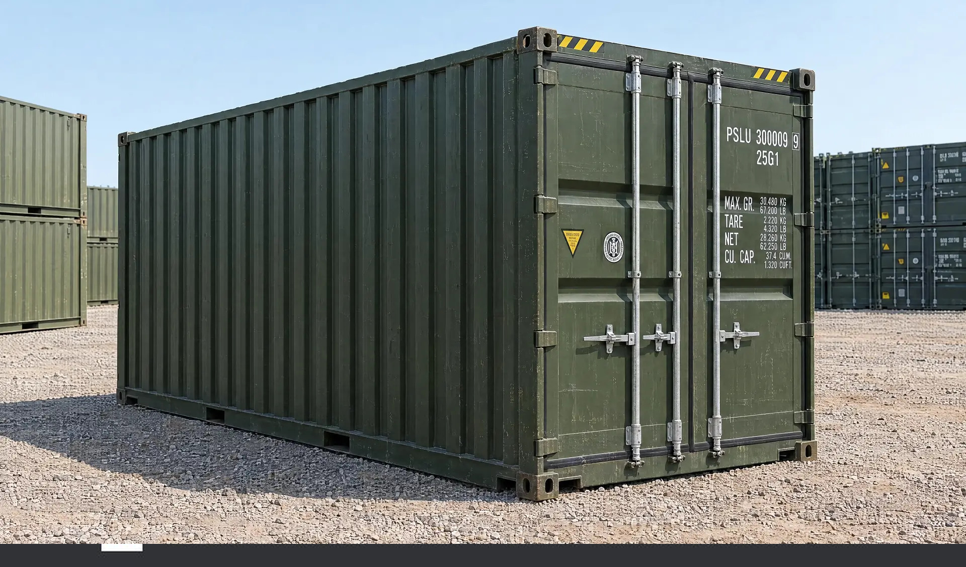 Olive green 20ft high cube one trip shipping container rear three quarter angle showing weight plate and locking bars