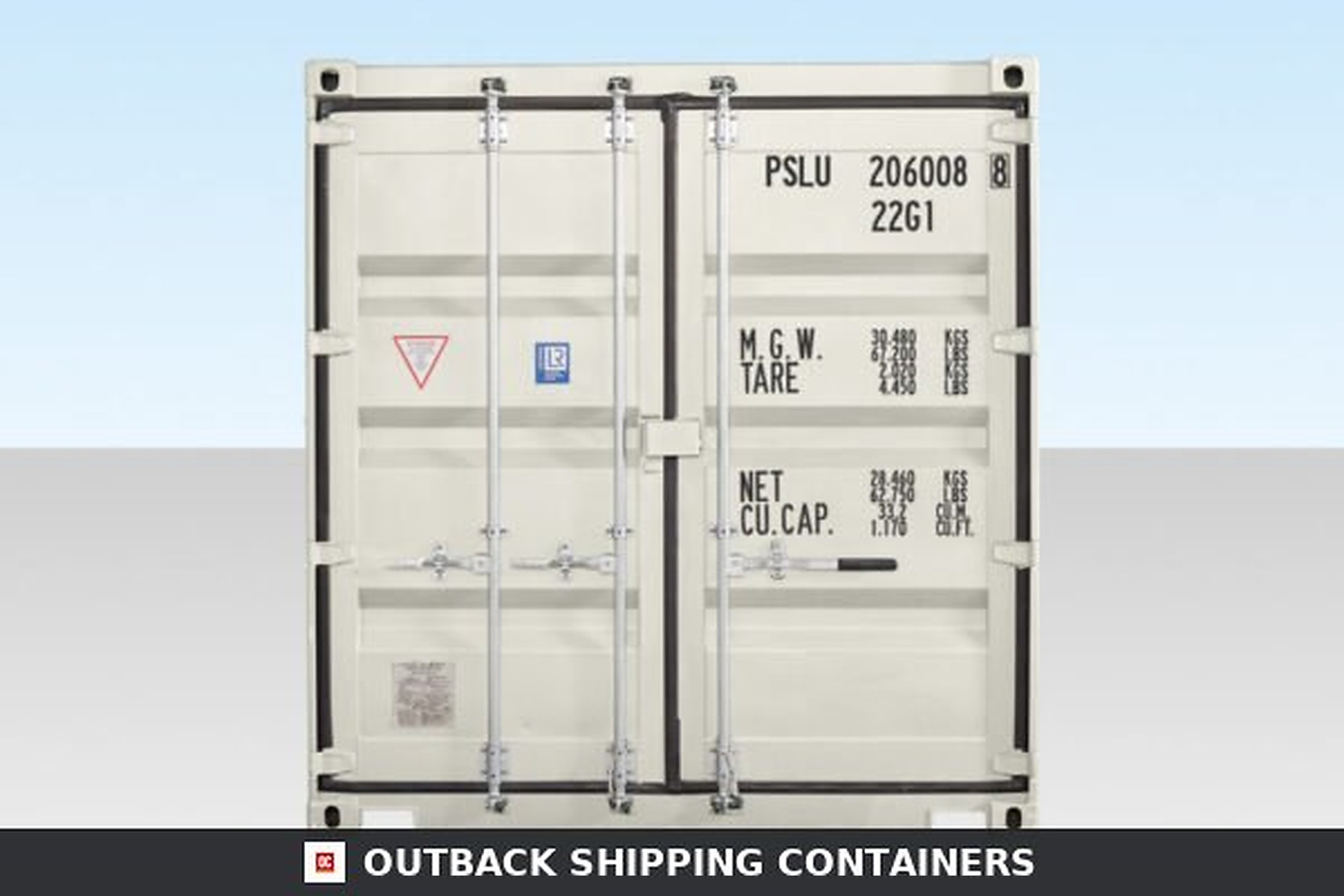 20Ft Shipping Container (One Trip) Rear view of a new white 20ft shipping container showing double cargo doors with four locking bars and serial markings
