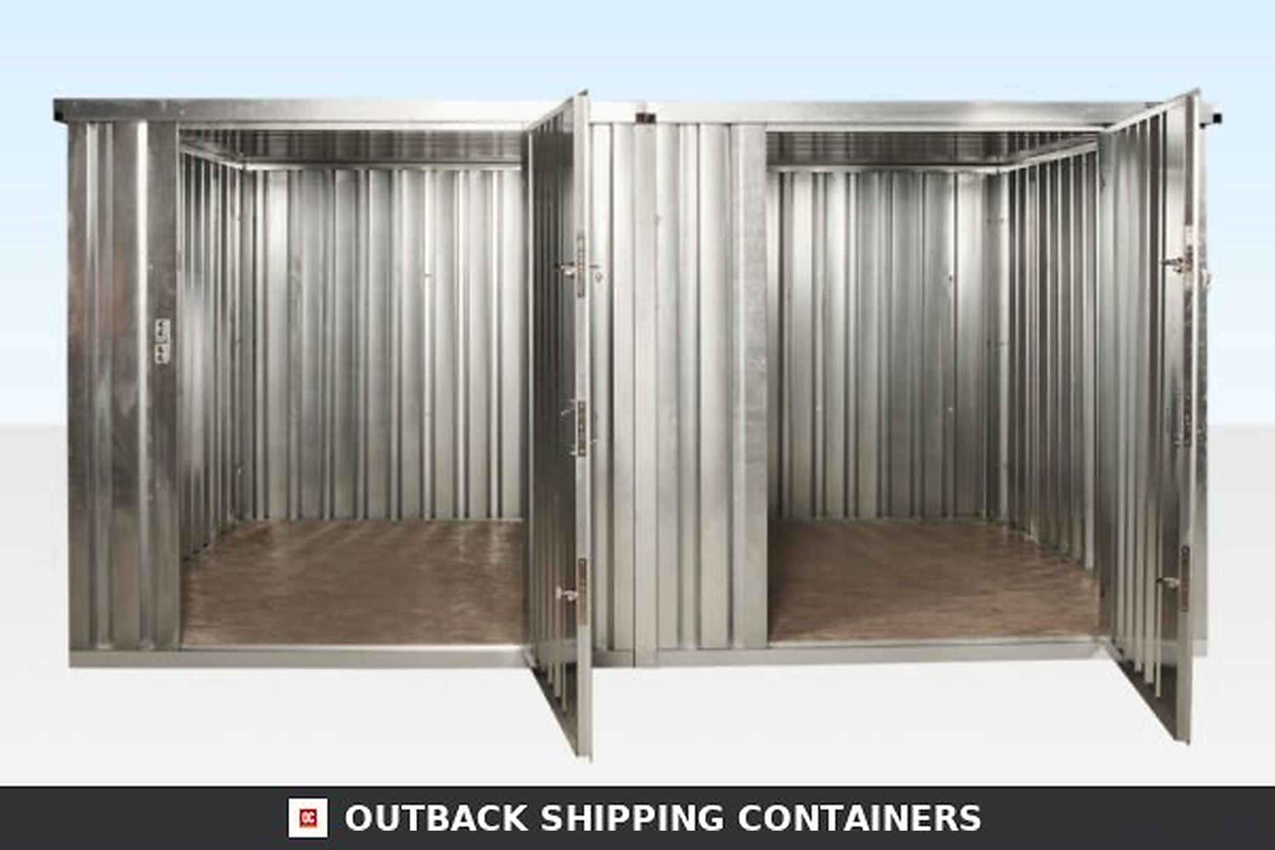 Front view of a 3m x 4.2m side-linked flat pack container with two open doors showing galvanized steel interior