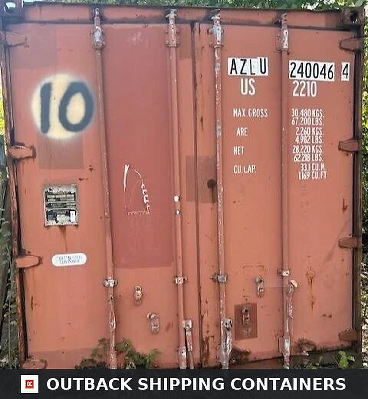 Rear cargo doors of a used 20ft shipping container in reddish brown with visible rust and lock rods