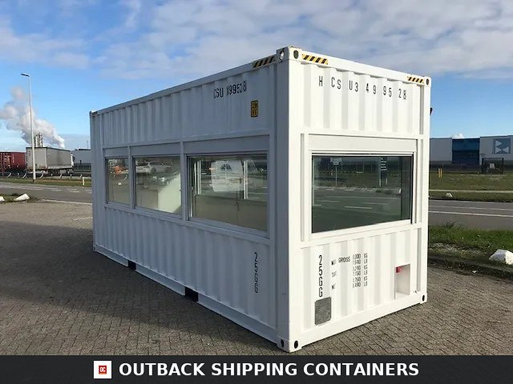 20ft high cube observation container in white with large fixed glass window panels installed for field visibility