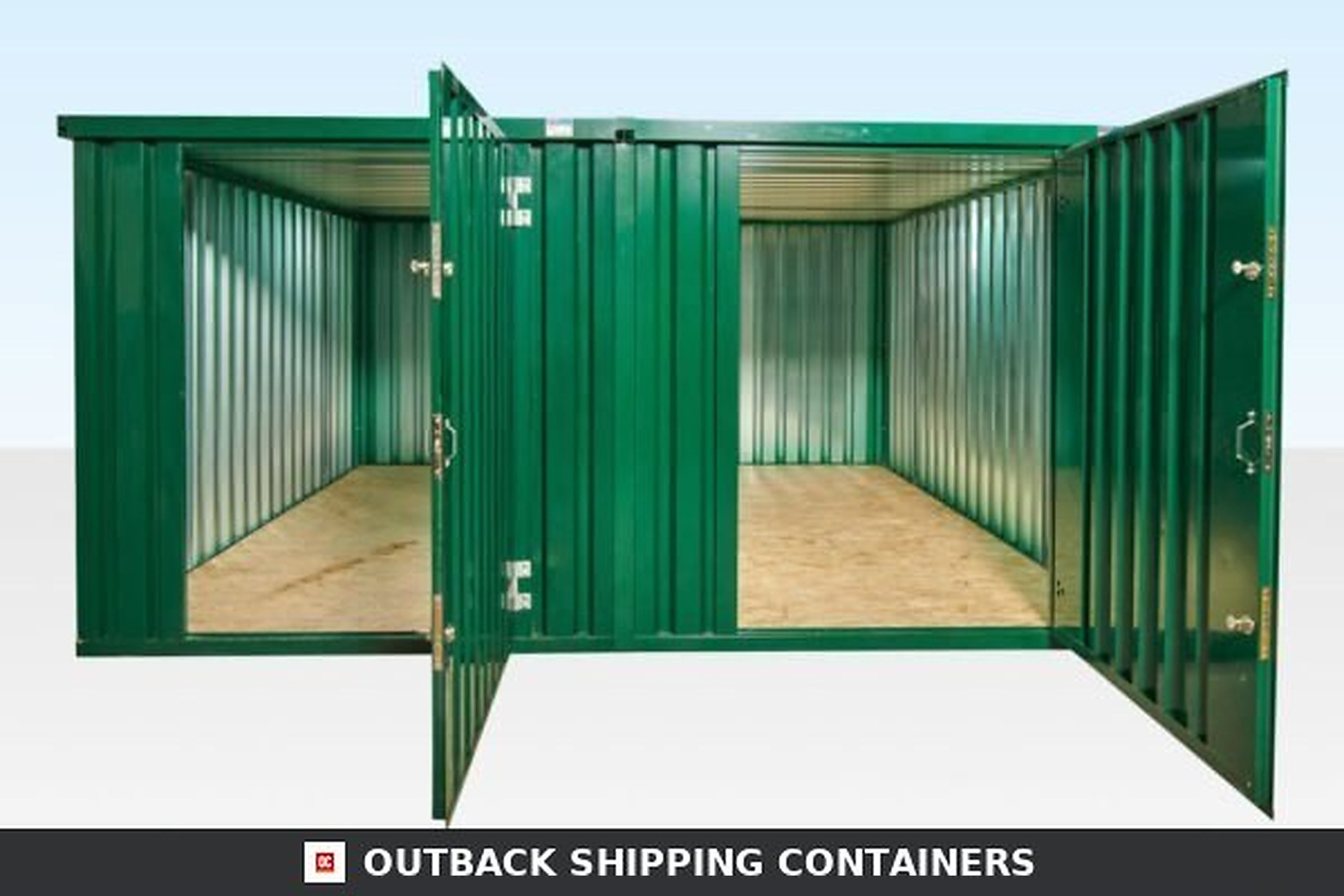 Green side-linked flat pack storage container bundle with multiple open doors showing wooden flooring
