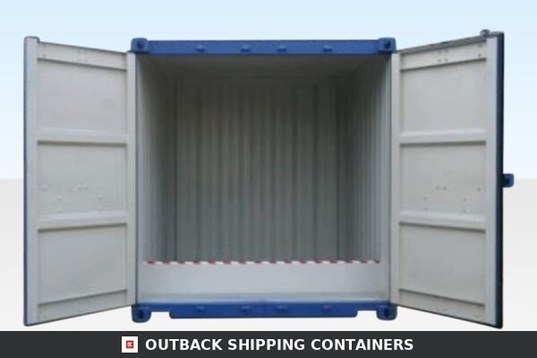 10ft shipping container with open double doors showing a raised bunded floor interior for spill containment