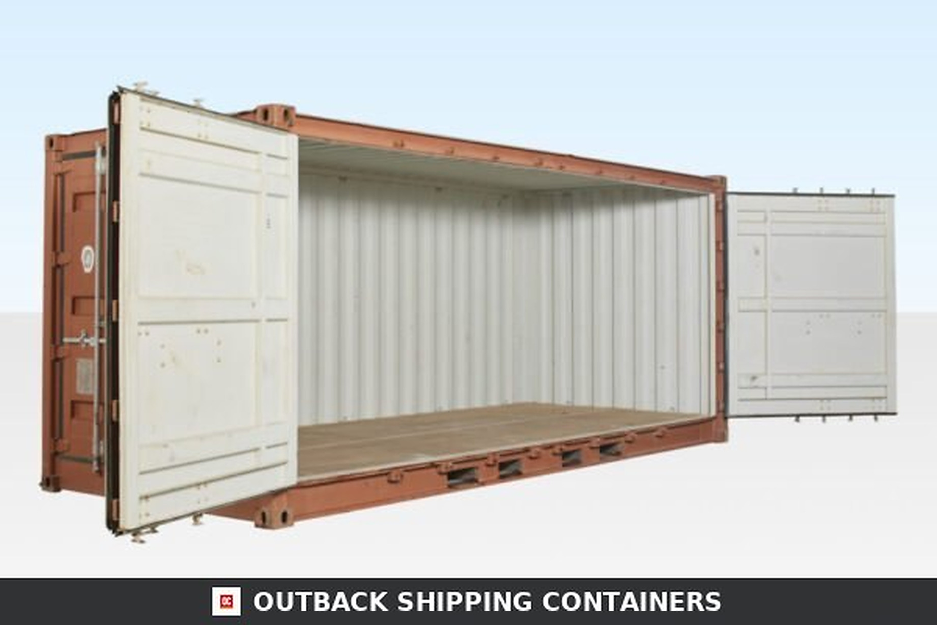 Used 20ft open side container with full bi-fold side doors swung wide to reveal a clean white interior and wood floor