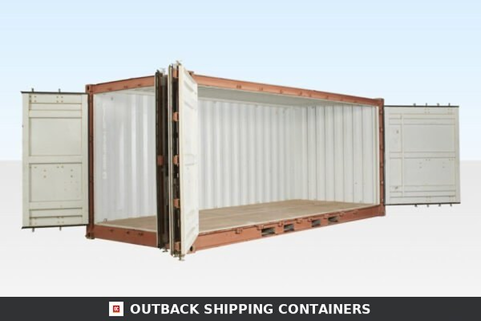 20ft open side shipping container with bifold doors fully extended showing empty white interior and wood floor