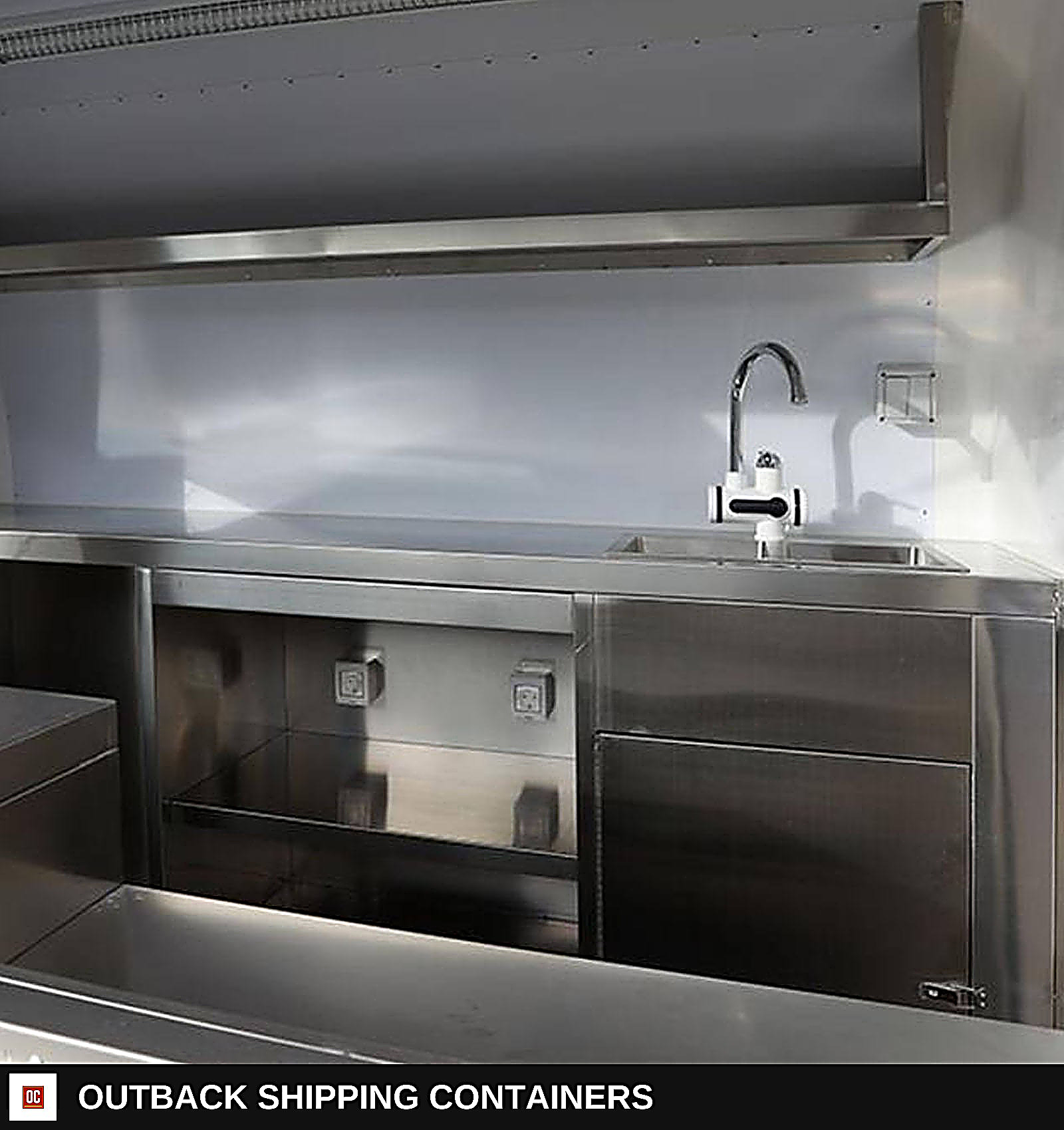 Small Enclosed Mobile Restaurant Food Truck Mobile Food Catering Trailer — Three-Quarter Front Angle | Outback Shipping Containers Small Enclosed Mobile Restaurant Food Truck Mobile Food Catering Trailer for sale — three-quarter front angle