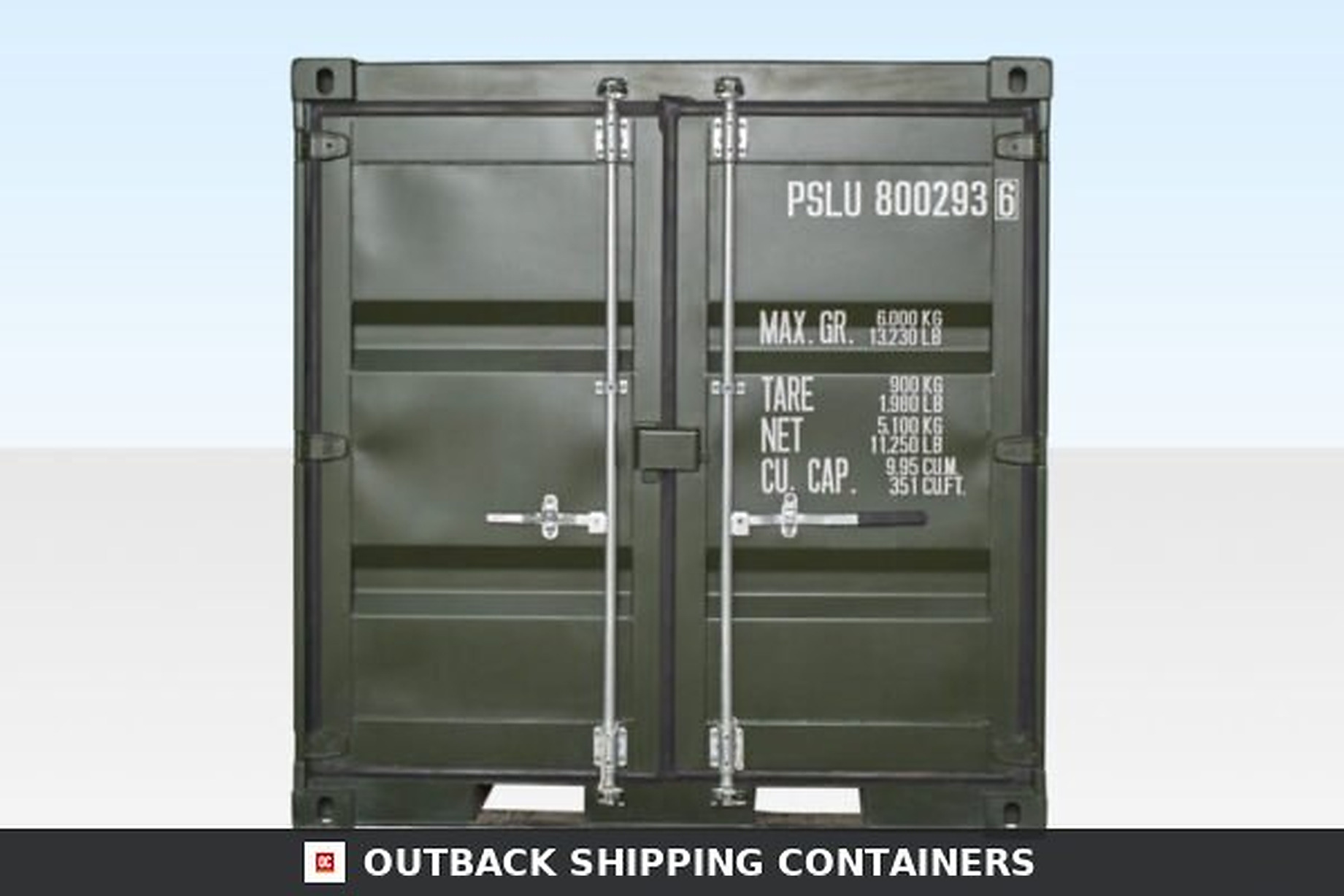8Ft One Trip Shipping Container Front view of green 8ft one trip shipping container doors with locking rods and weight specifications