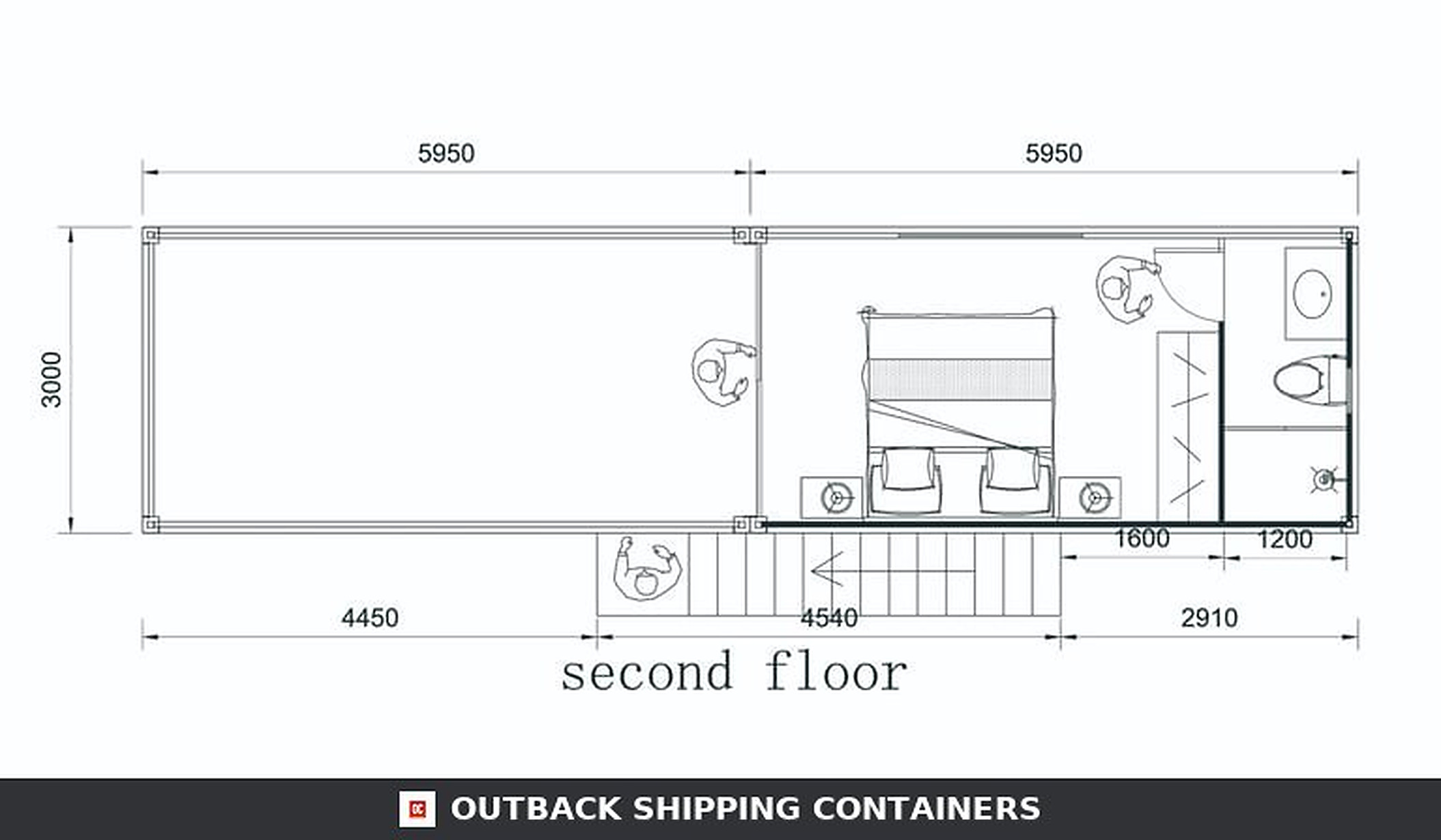 1BHK Duplex Container Home 40ft for Sale — Dimensioned Second Floor Plan | Outback Shipping Containers Second floor plan of the 1BHK duplex container home showing the bedroom, 1600mm wardrobe, 1200mm bathroom and the external stair landing
