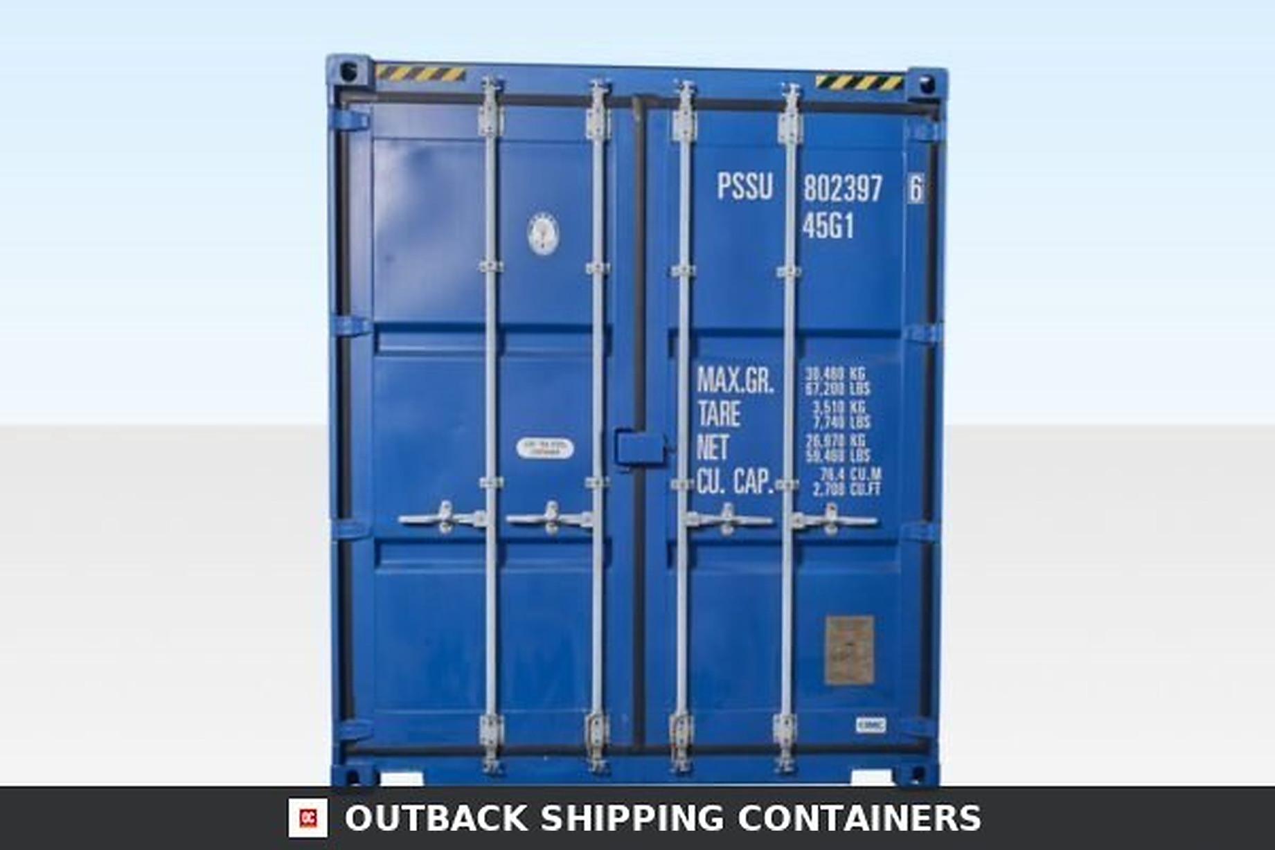 Blue 40ft high cube shipping container doors with vertical locking bars and white technical data markings