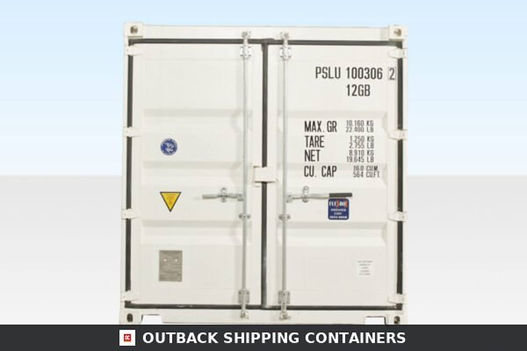 Rear view of a white 10ft one trip shipping container featuring double cargo doors with vertical locking bars