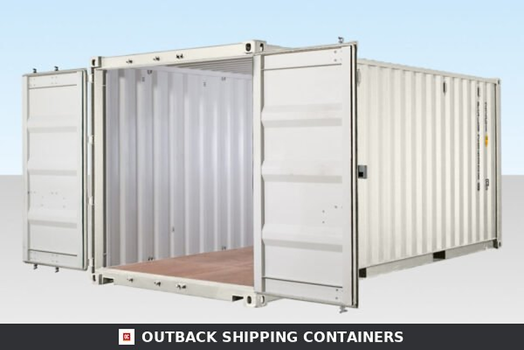 20ft one trip shipping container with double doors wide open showing clean beige interior and wood flooring