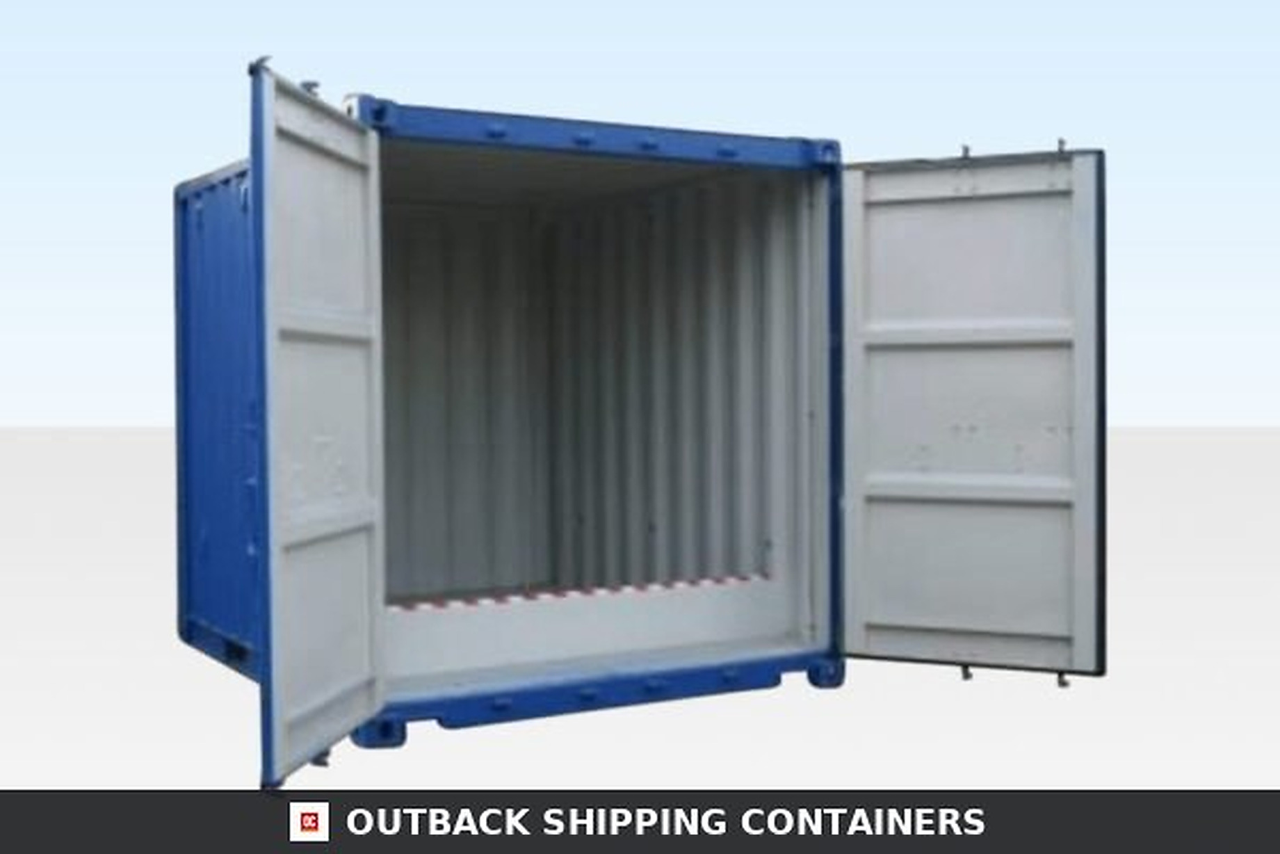 Blue 10ft storage container with double cargo doors wide open showing empty interior and white raised bund floor