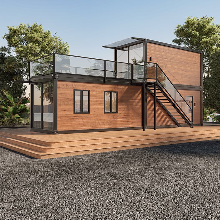 Front exterior view of the 1BHK duplex container home with cedar-look cladding and rooftop deck stairs