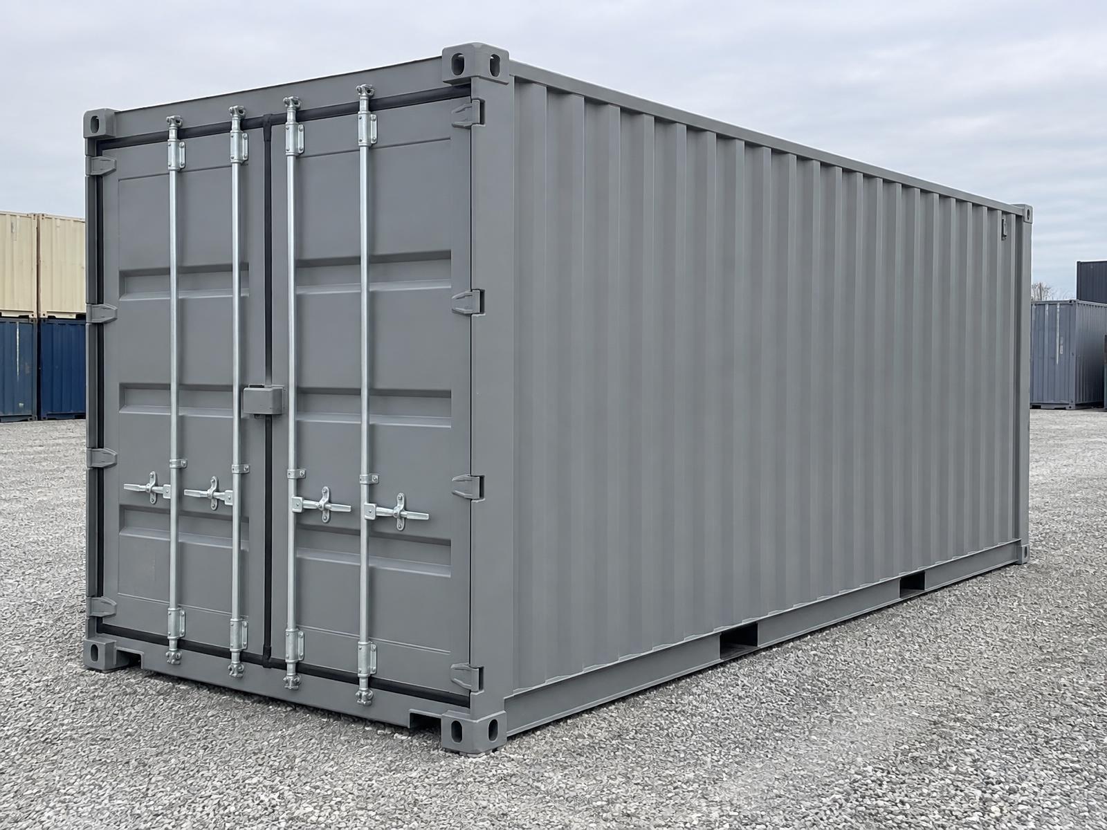 Insulated and finished shipping container with no windows — brand-new one-trip container exterior with original steel cargo doors (representative image)
