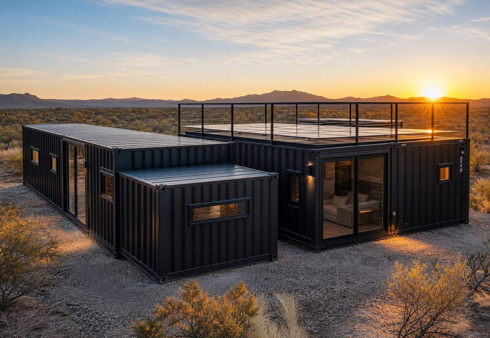 Front three-quarter view of The Ultimate Container Home showing the staggered six 40ft and four 20ft high-cube modules with rooftop deck
