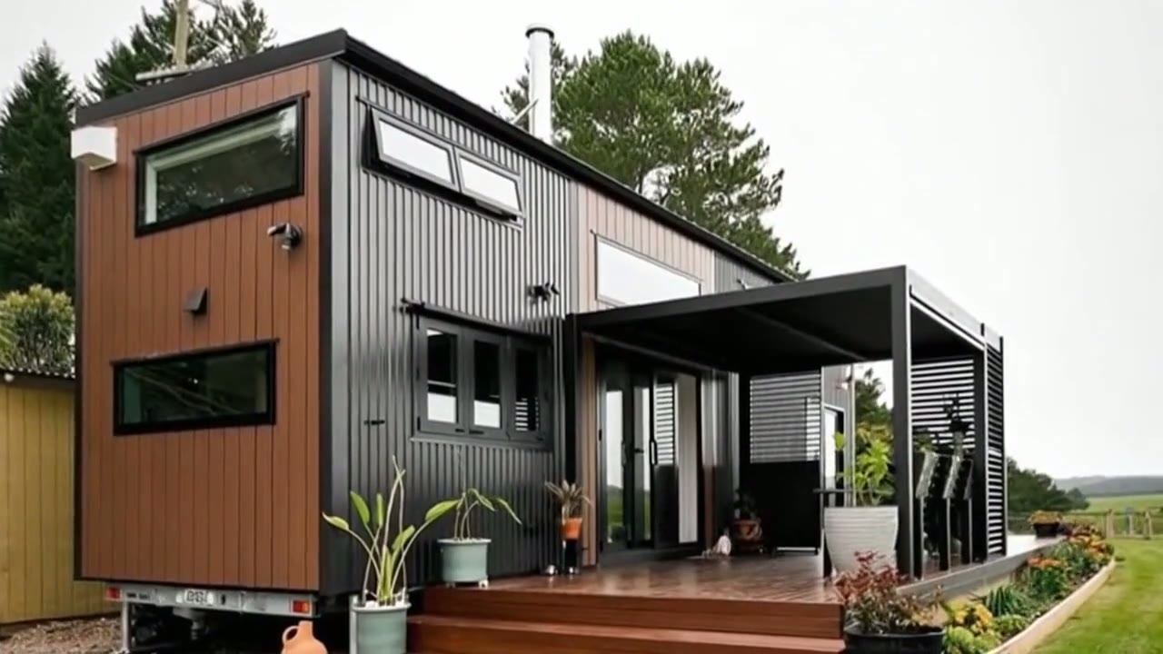 Exterior view of a 40ft luxury prefab container home with black corrugated siding, wood accents, and a covered deck