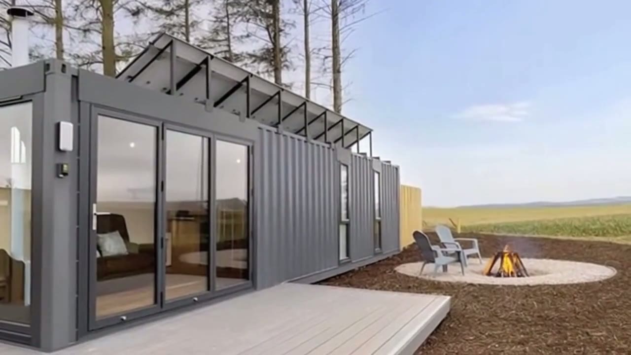 Exterior of a 20ft grey shipping container home with large glass sliding doors and a spacious wood deck