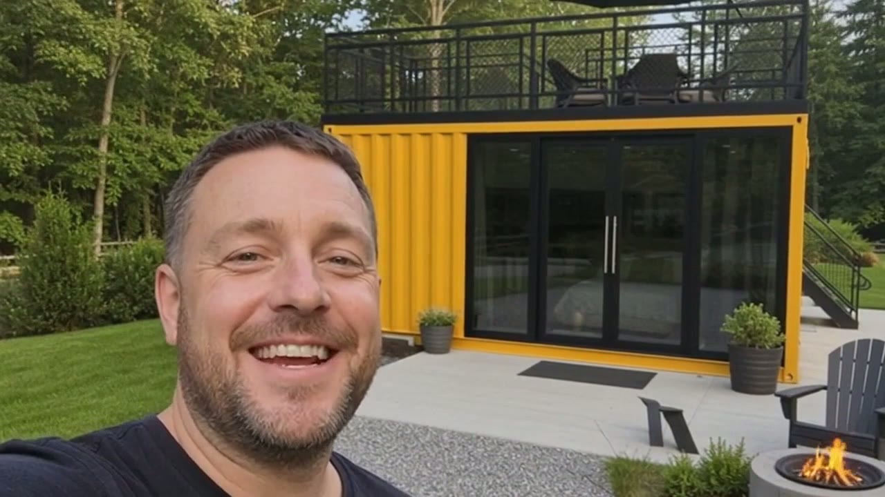 A yellow 20ft prefab container home with a rooftop deck and large glass sliding doors