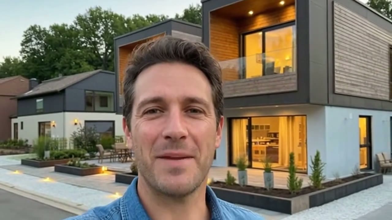 A man stands in front of a modern two-story luxury prefab modular container home with large glass windows and wood paneling