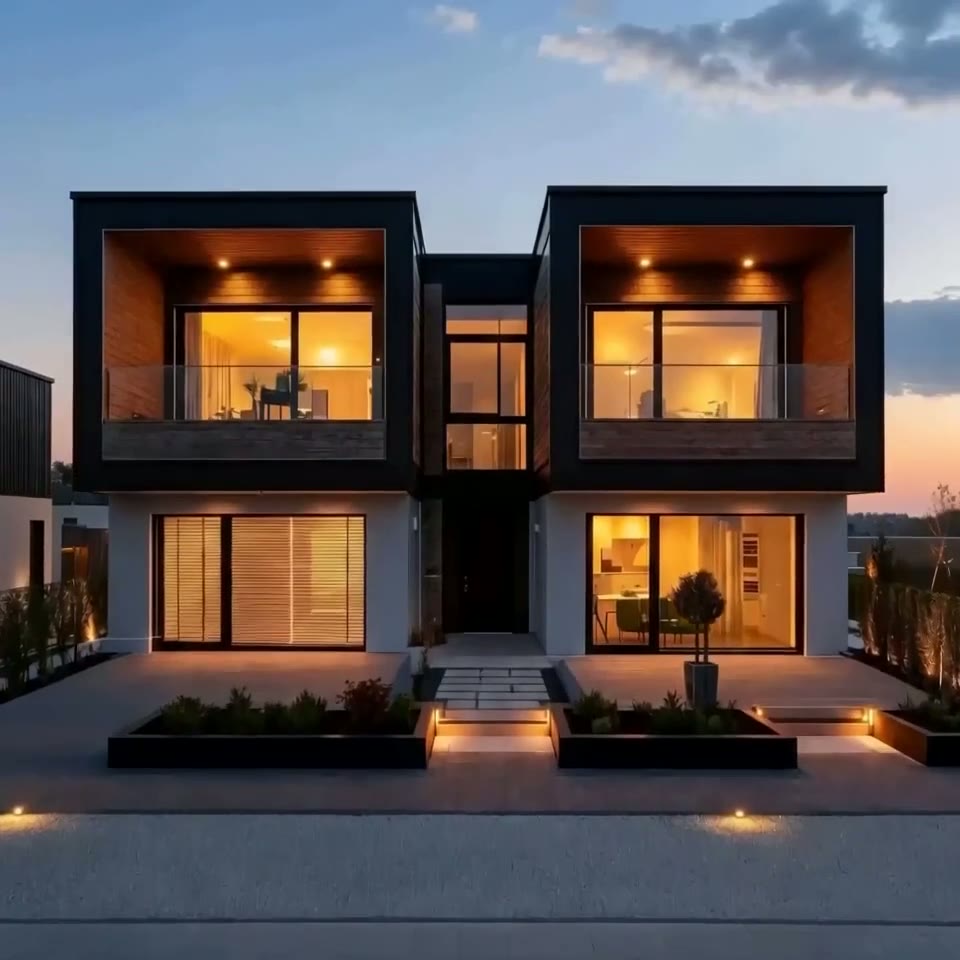 Exterior view of a modern two-story luxury modular container home with large glass windows and glowing interior lights at dusk
